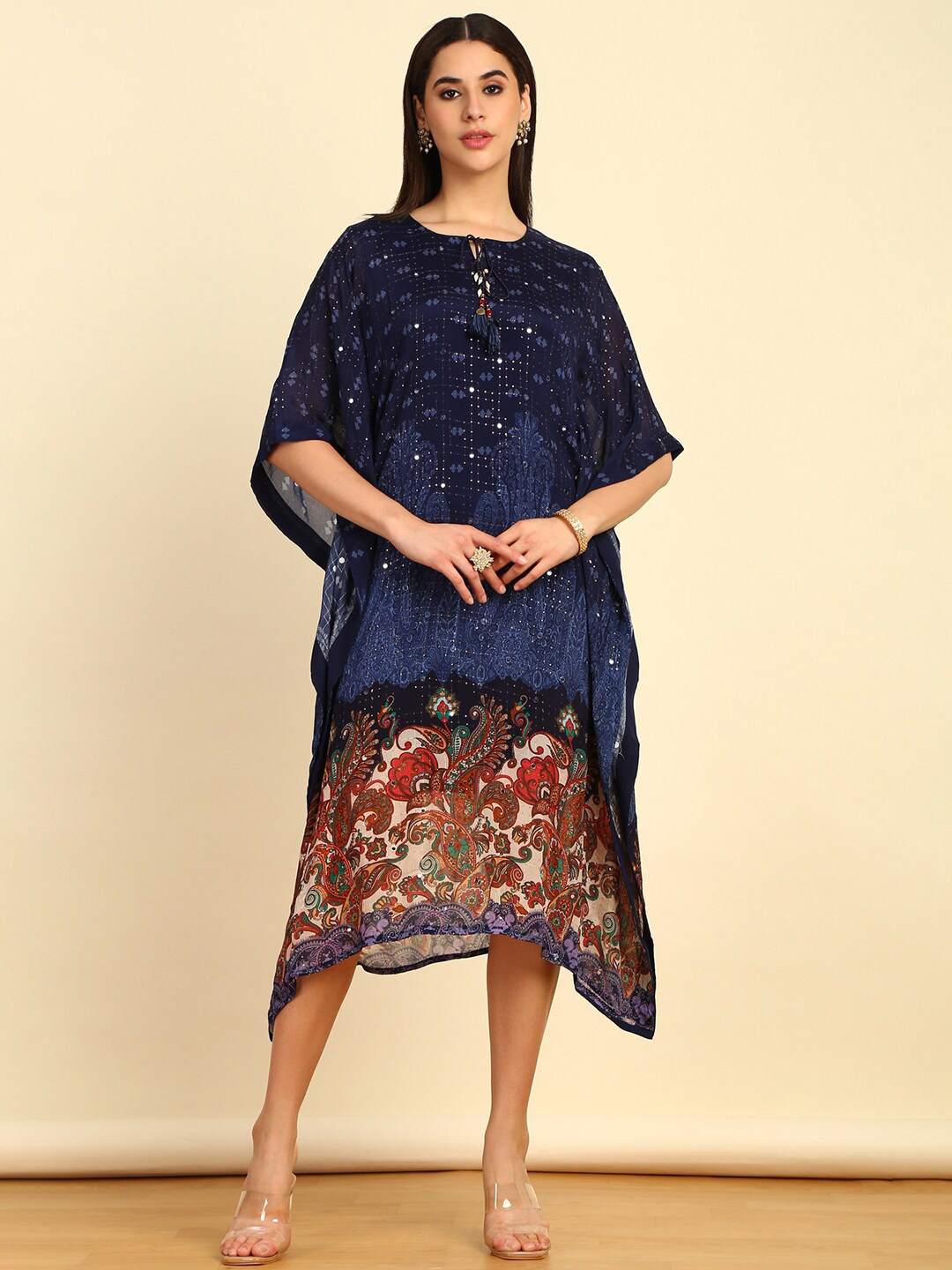 

Soch Navy Blue Floral Printed Flared Sleeves Sequinned Detailed Kaftan Ethnic Dress