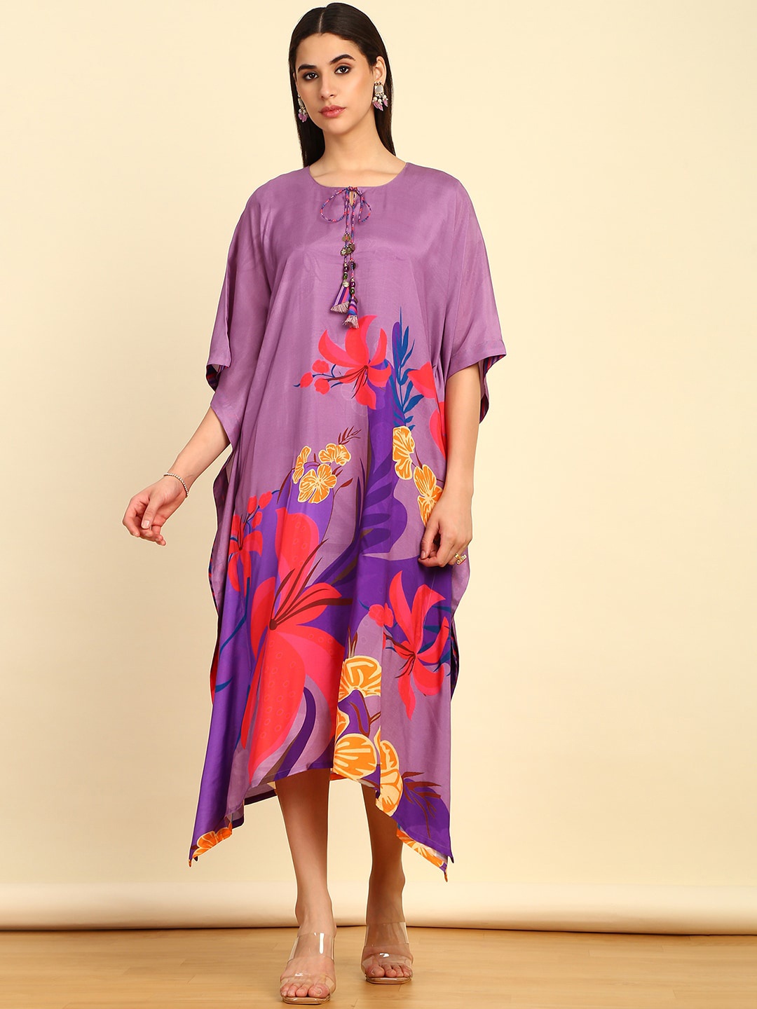 

Soch Floral Printed Tie-Up Neck Kimono Sleeve Kaftan Midi Dress, Purple