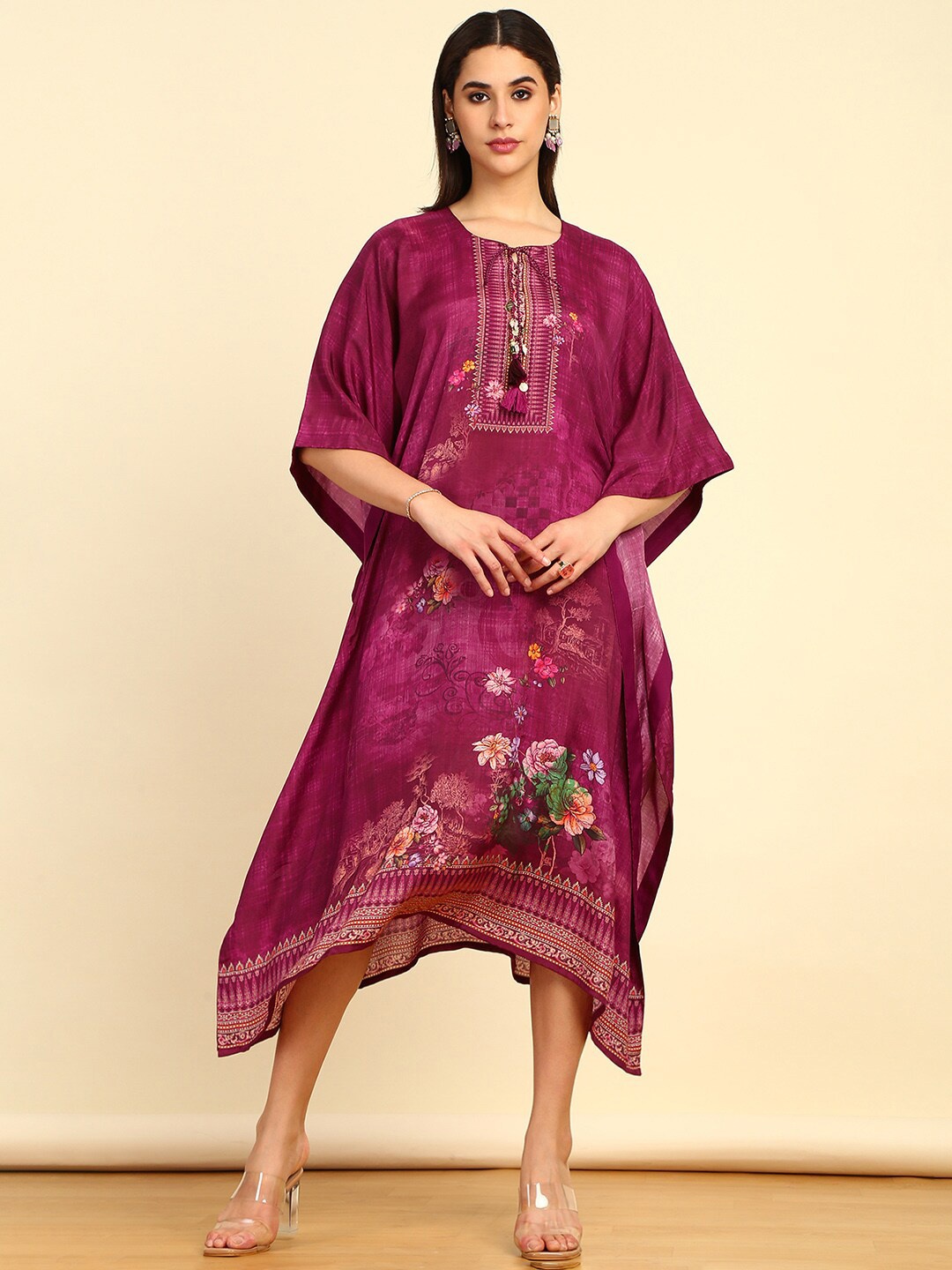 

Soch Floral Printed Tie-Up Neck Kimono Sleeve Kaftan Midi Dress, Purple