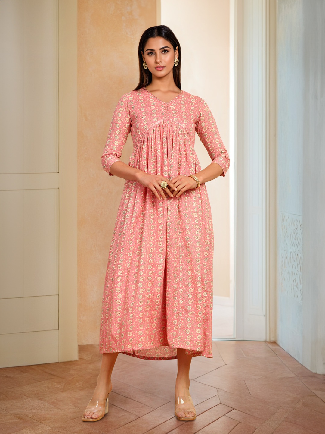 

Soch Floral Printed V-Neck Sequinned Cotton Empire Midi Ethnic Dress, Pink