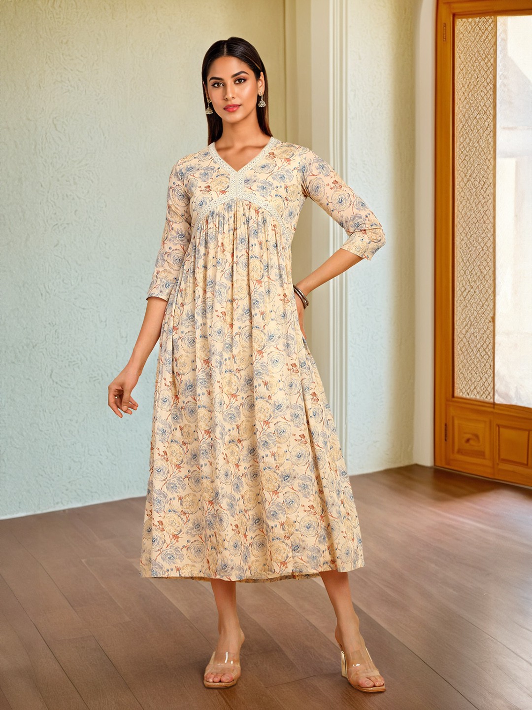 

Soch Floral Printed V-Neck Sequinned Cotton Empire Midi Ethnic Dress, Beige
