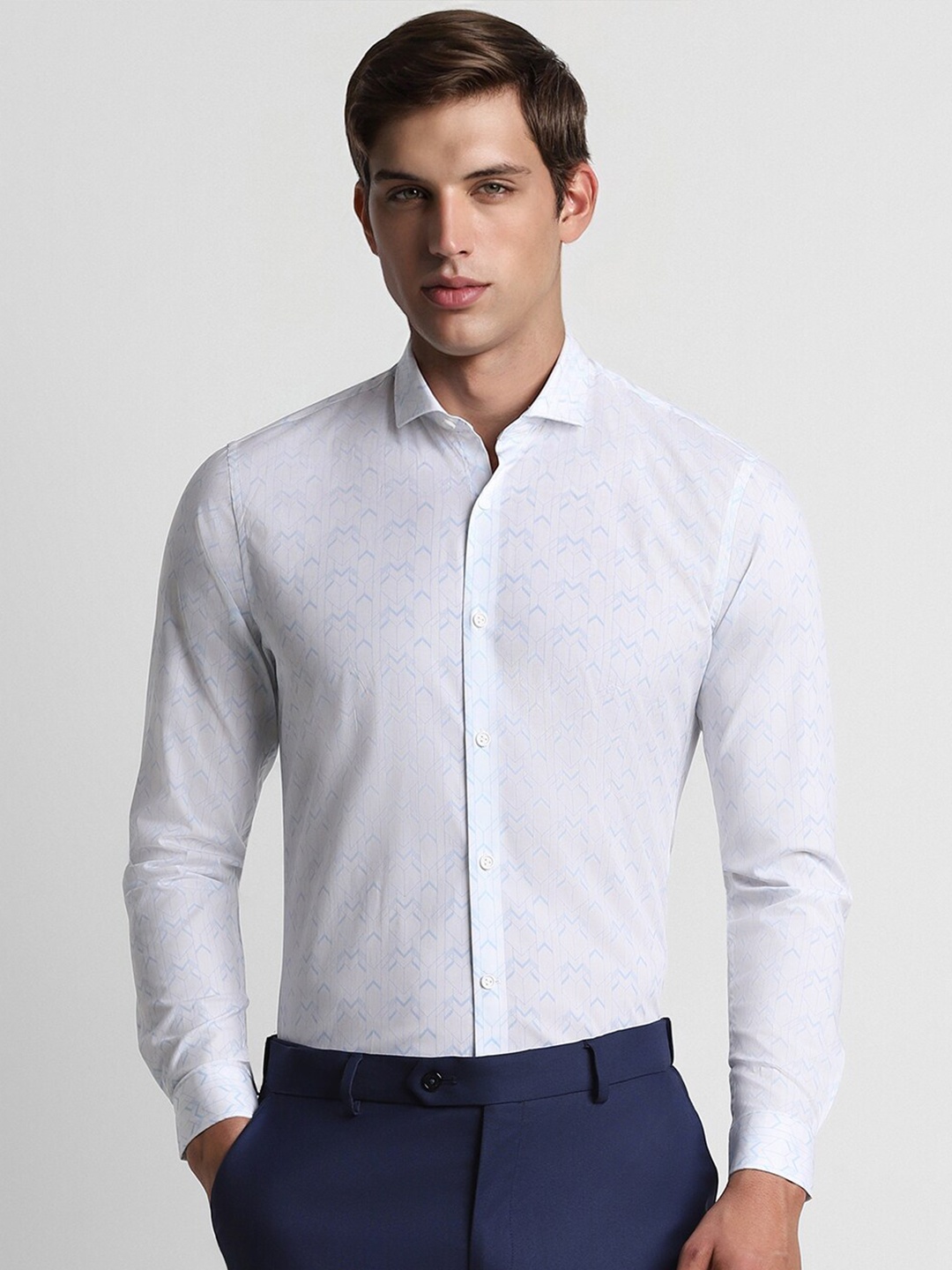 Peter England Slim Fit Geometric Printed Formal Shirt, White