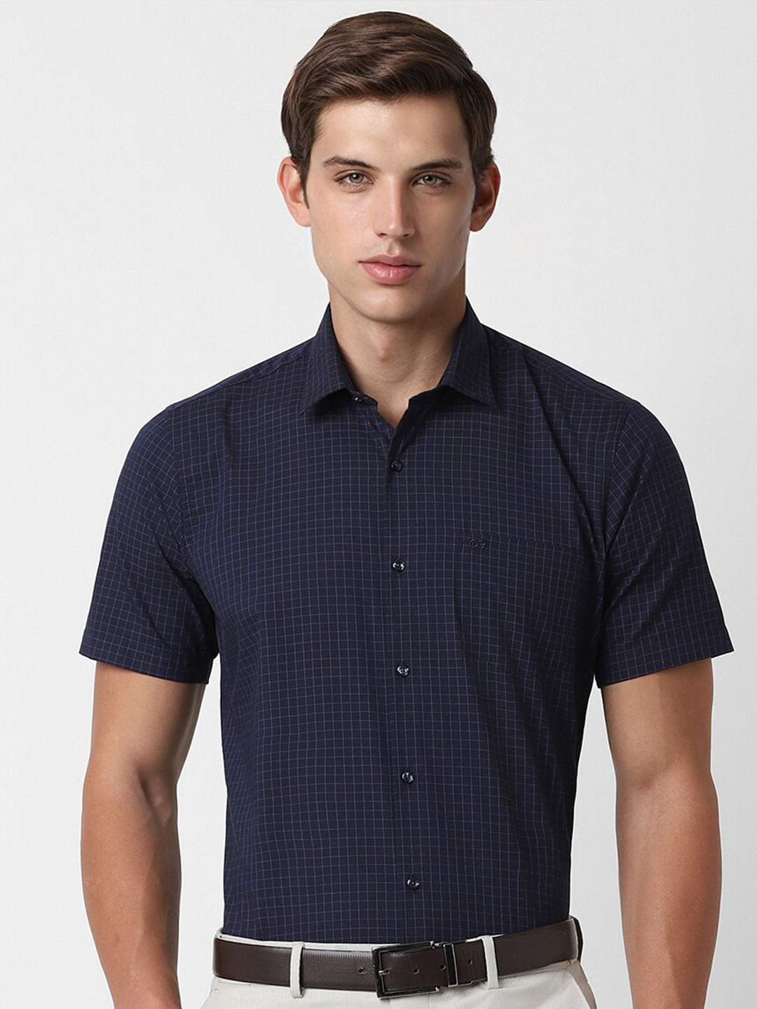 

Peter England Spread Collar Checked Formal Shirt, Navy blue