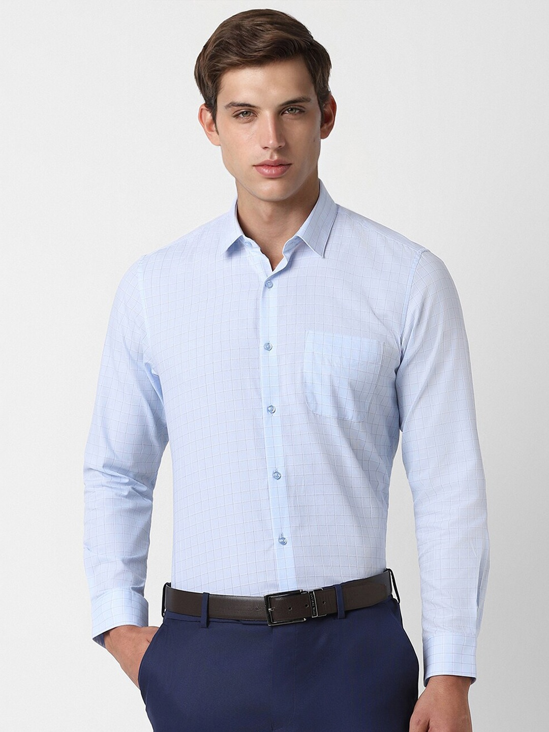

Peter England Slim Fit Grid Tattersall Checked Formal Shirt, Blue