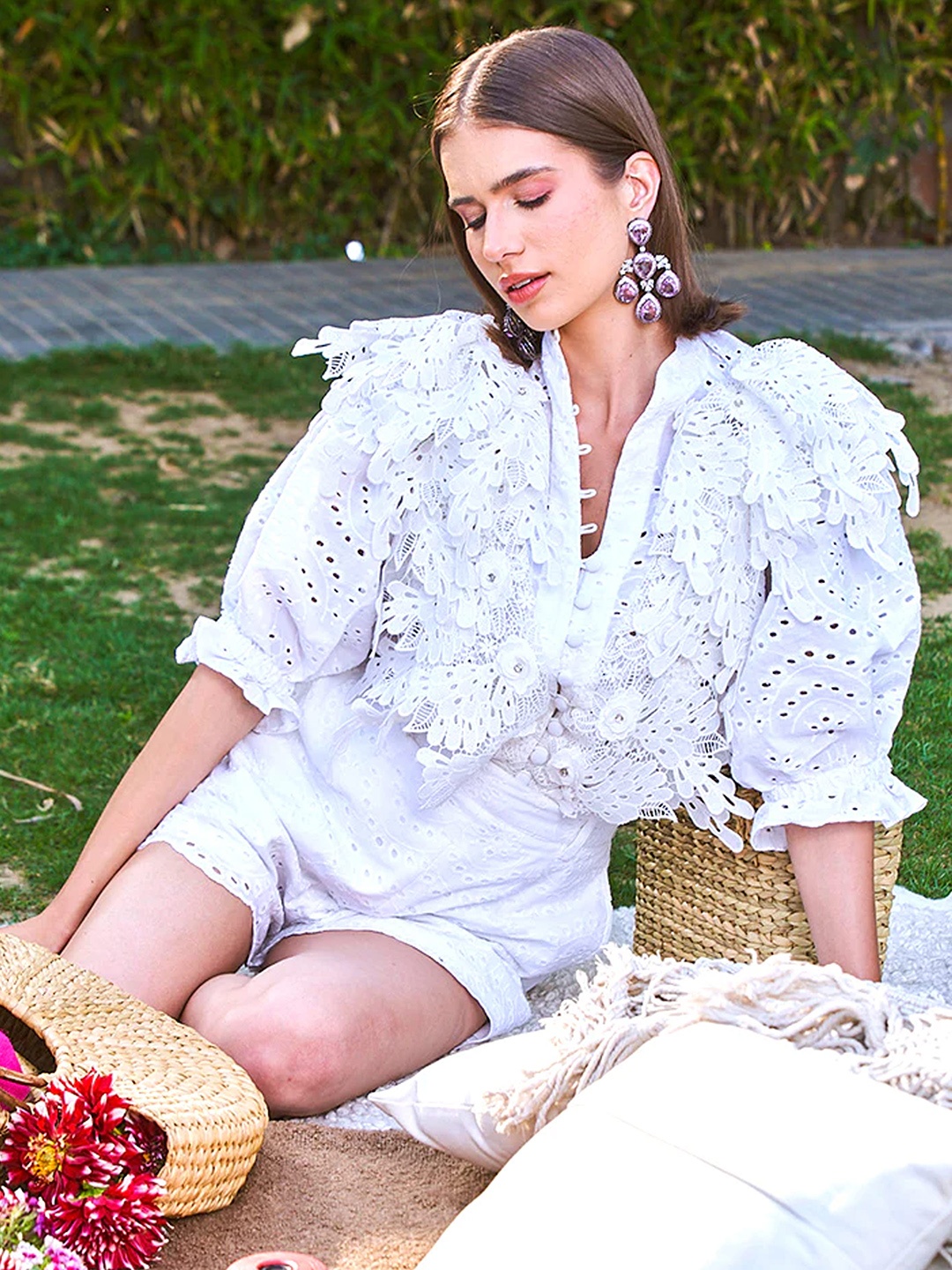 

iki chic Schiffli Lace Detailing Pure Cotton Shirt with High-Waisted Shorts, White