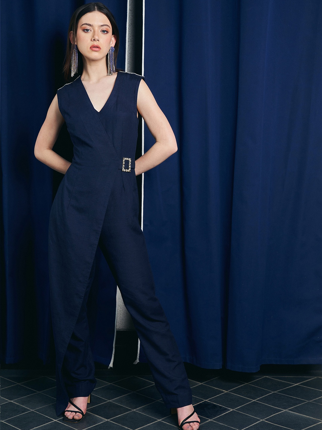 

iki chic Buckle Detail V-Neck Basic Pure Cotton Jumpsuit, Navy blue