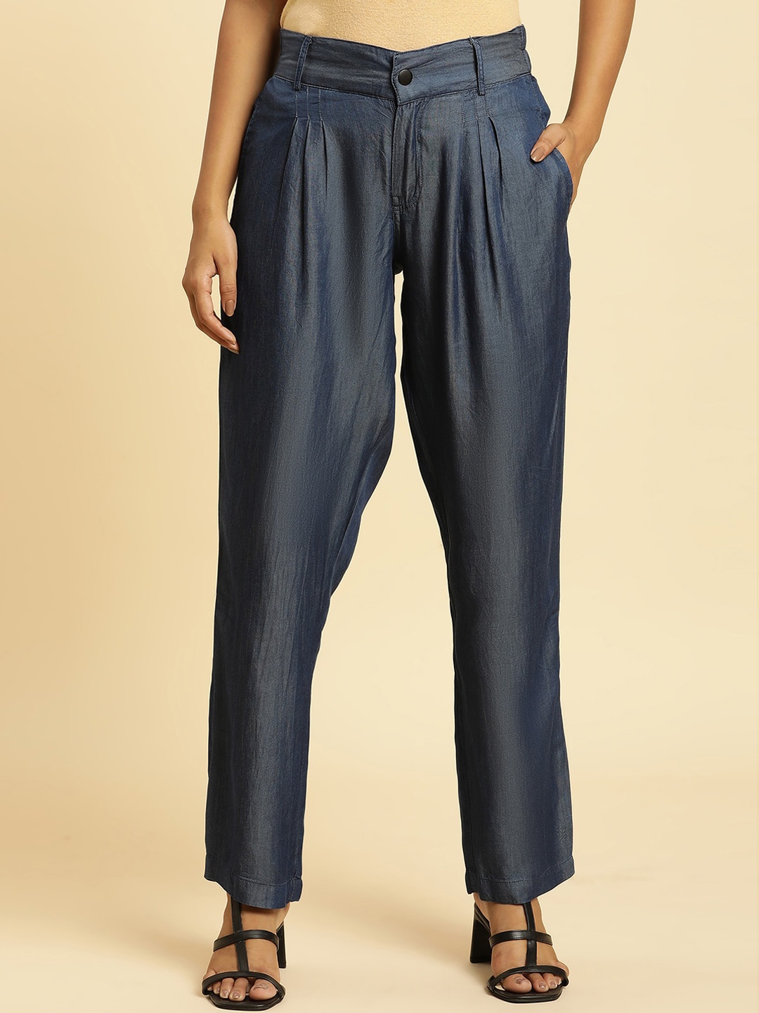 

elleven Women Mid-Rise Pure Lyocell Trouser, Navy blue