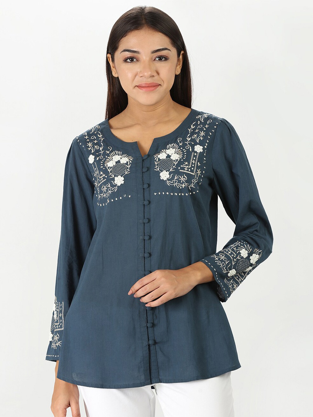 

Mustard Round Neck Embellished Cotton Top, Blue