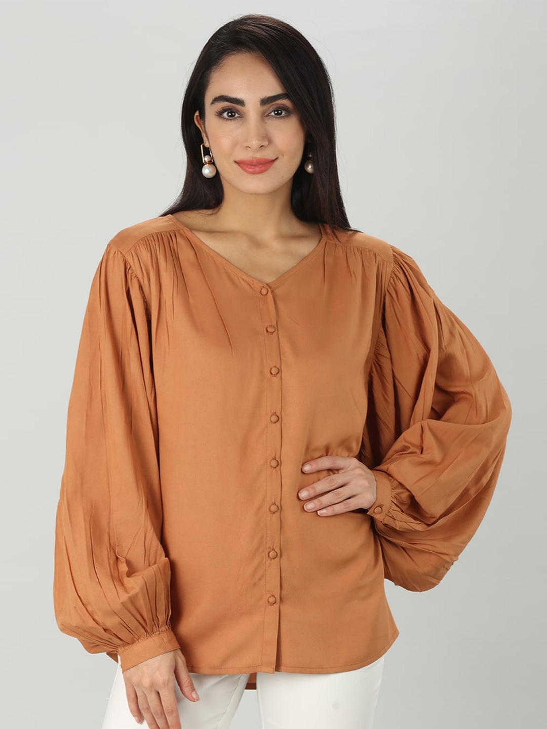 

Mustard V Neck Puff Sleeves Top, Beige