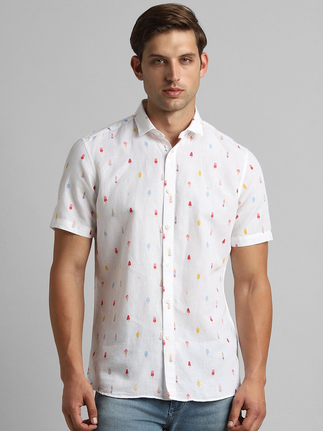 

SIMON CARTER LONDON Opaque Conversational Printed Cotton Casual Shirt, White