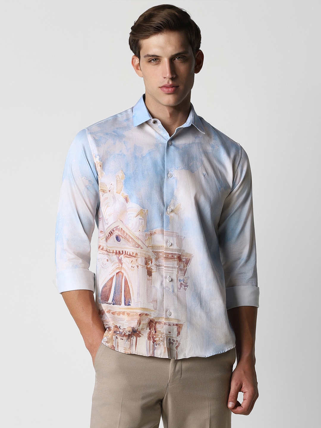

V Dot Slim Fit Abstract Printed Party Shirt, Blue