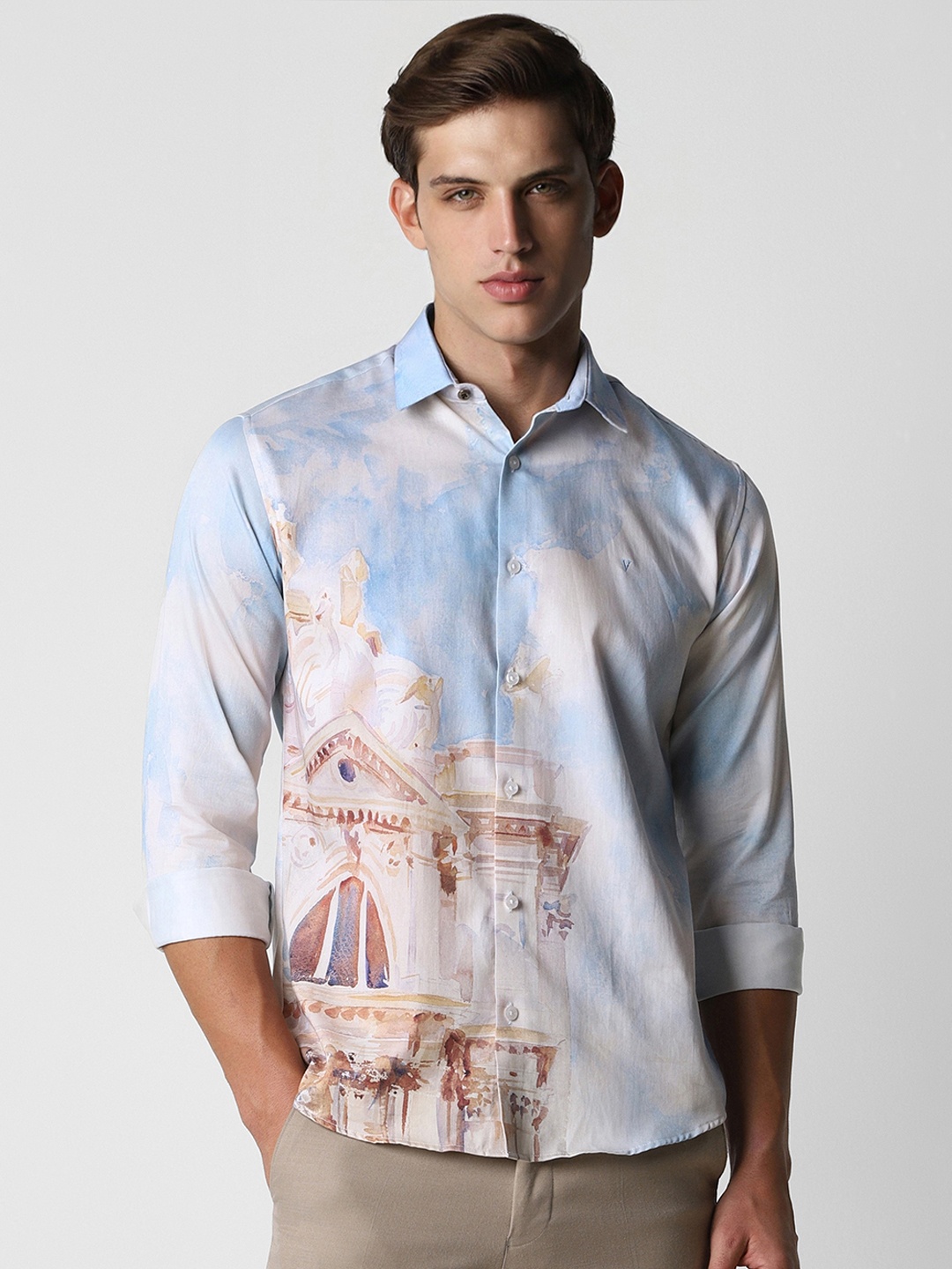 

V Dot Slim Fit Abstract Printed Party Shirt, Blue
