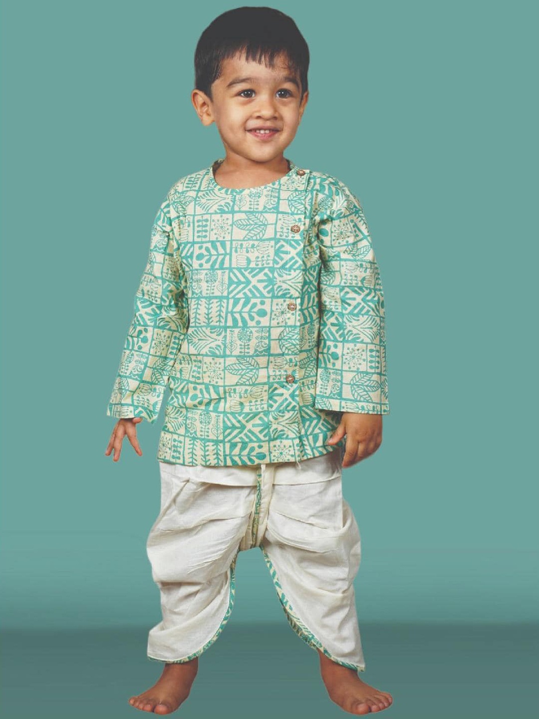 

Polka Tots Unisex Kids Printed Regular Pure Cotton Kurta with Dhoti Pants, Green