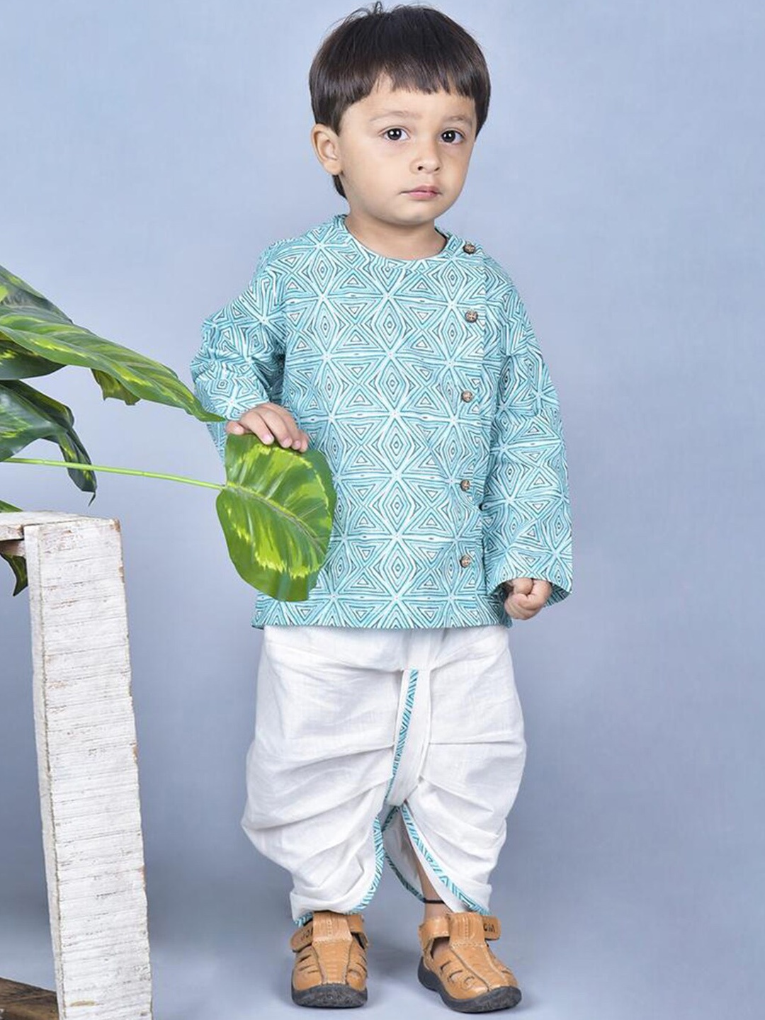 

Polka Tots Kids Round Neck Printed Regular Pure Cotton Kurta with Dhoti Pants, Blue