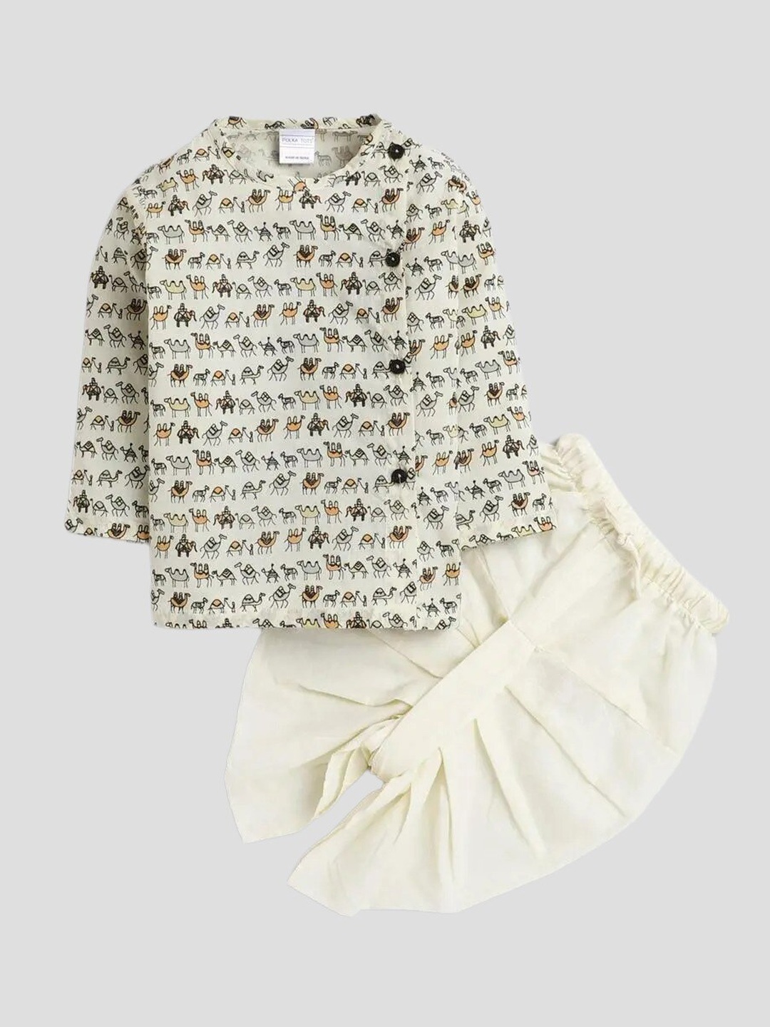 

Polka Tots Unisex Kids Animal Printed Regular Pure Cotton Kurta with Dhoti Pants, Cream