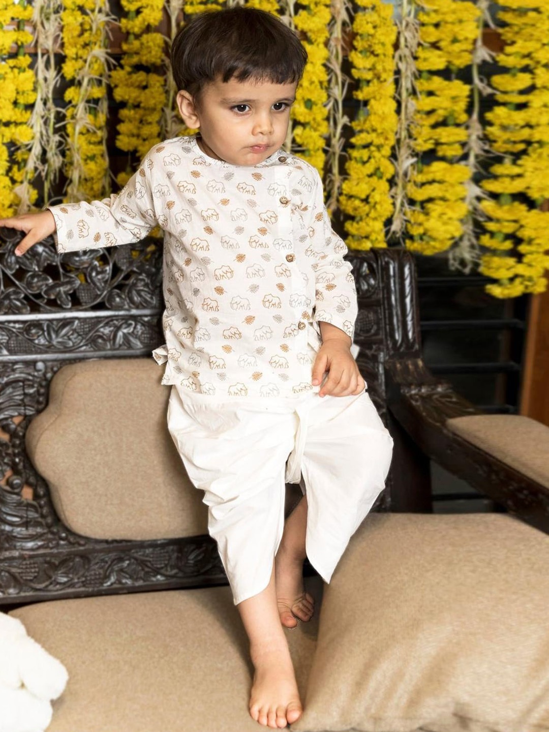 

Polka Tots Kids Animal Printed Angrakha Pure Cotton Kurta with Dhoti Pants, Mustard