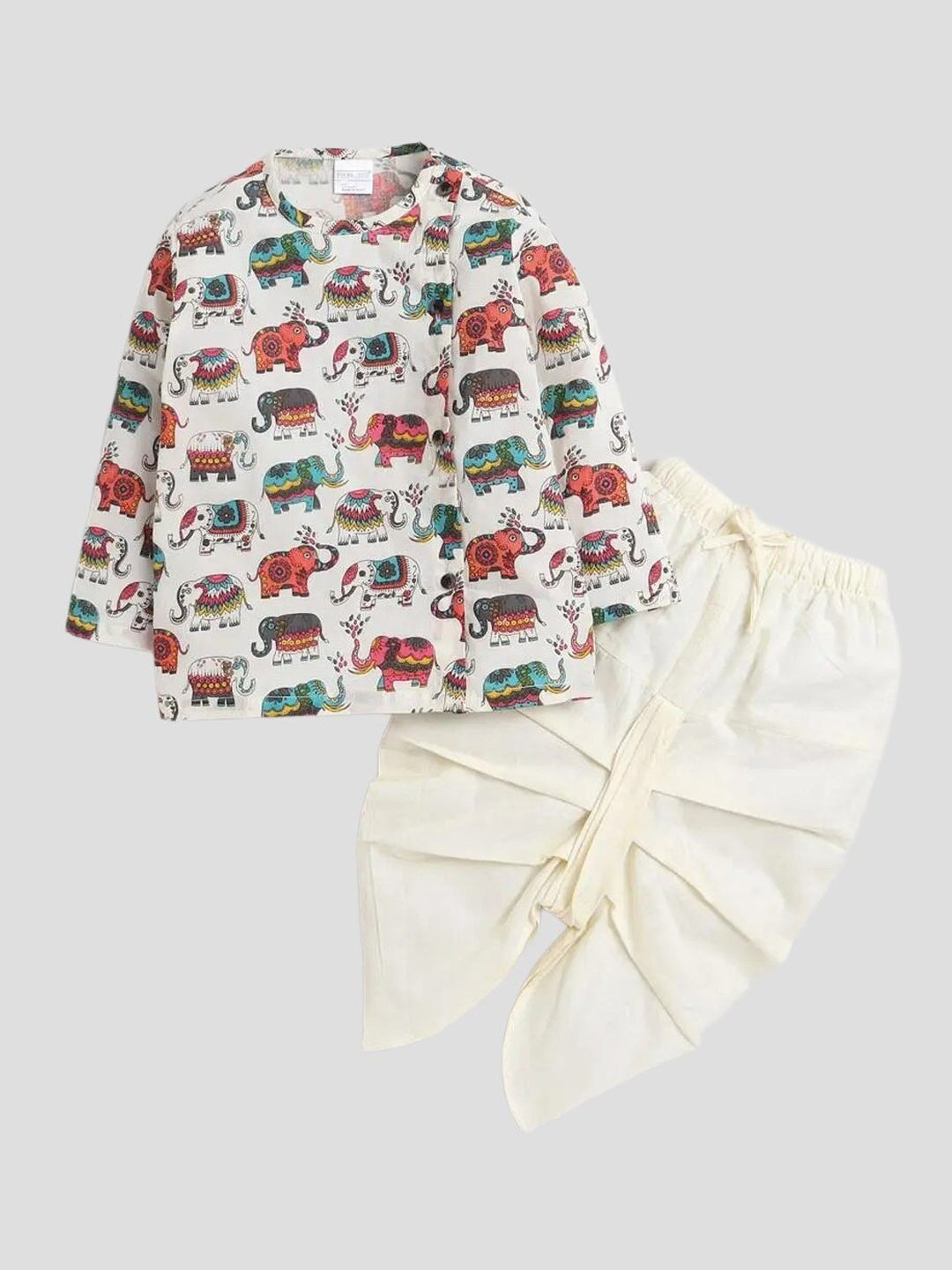 

Polka Tots Unisex Kids Animal Printed Pure Cotton Kurta with Dhoti Pants, White