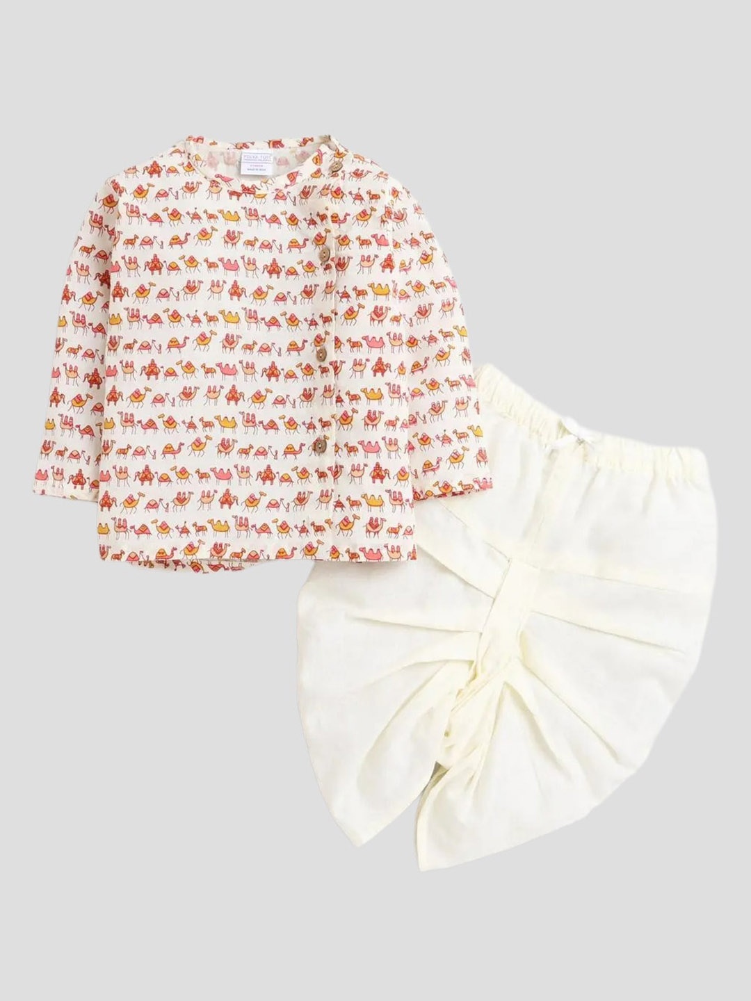 

Polka Tots Kids Round Neck Animal Printed Regular Pure Cotton Kurta with Dhoti Pants, Cream