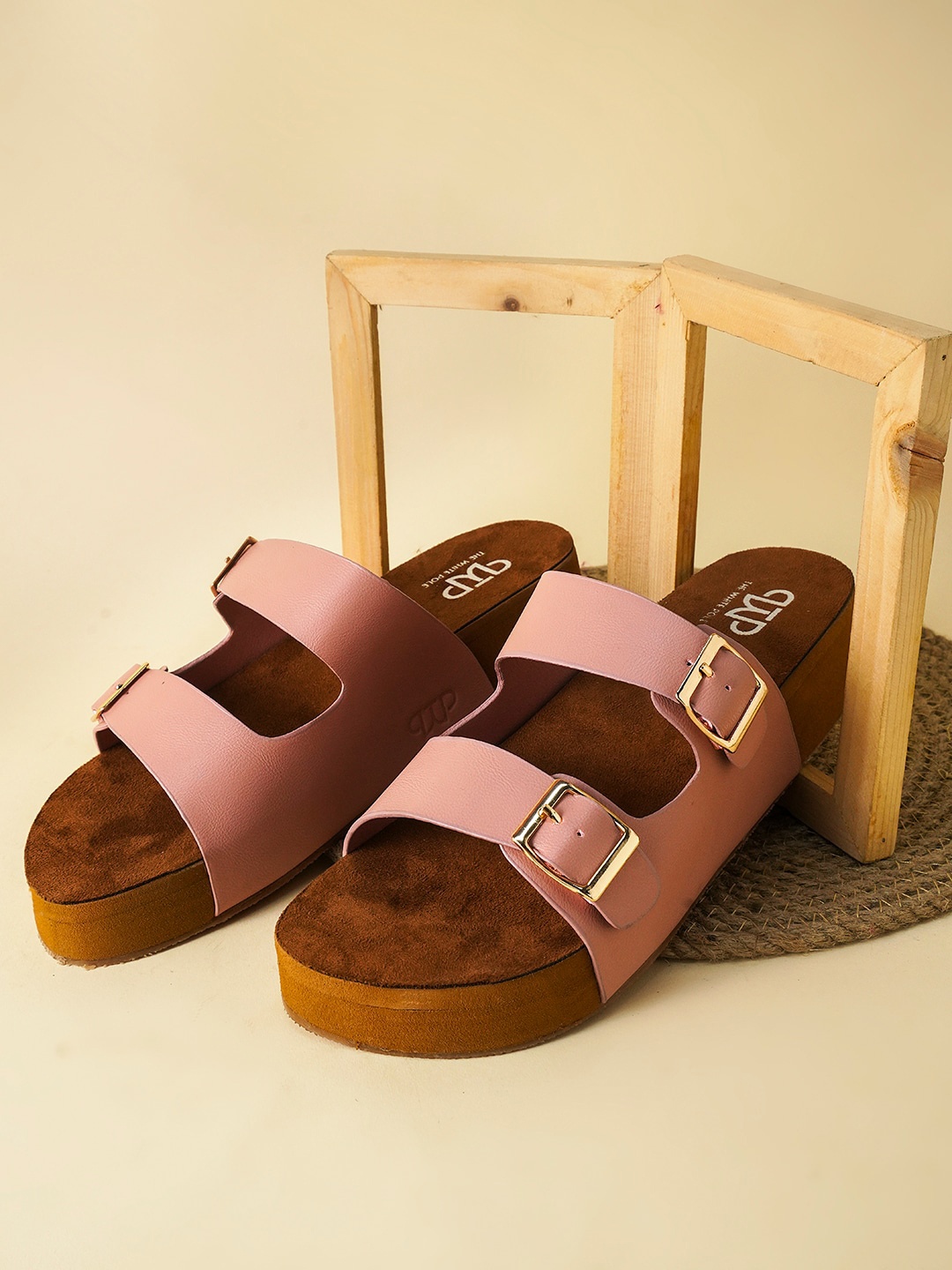 

THE WHITE POLE Buckle Detail Open Toe Flats, Nude