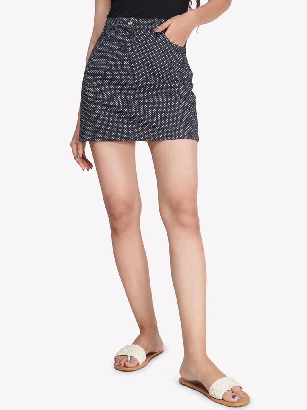 

VASTRADO Polka Dot Printed Pure Cotton A-Line Mini Skirt, Navy blue