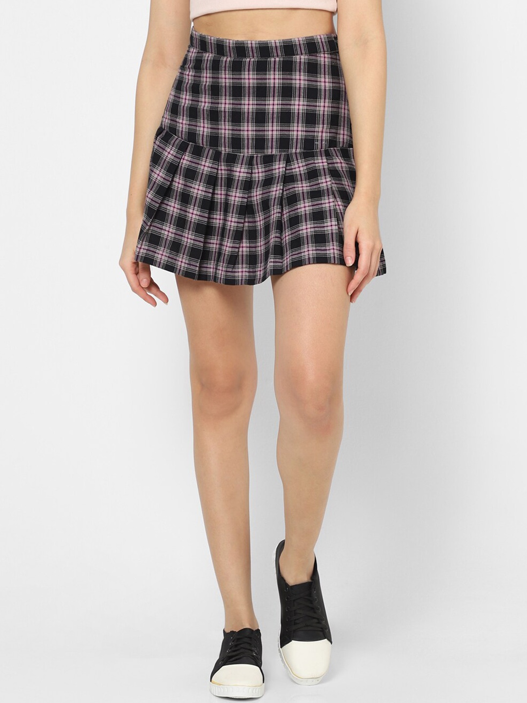 

VASTRADO Checked Pure Cotton Pleated Mini Skirt, Black