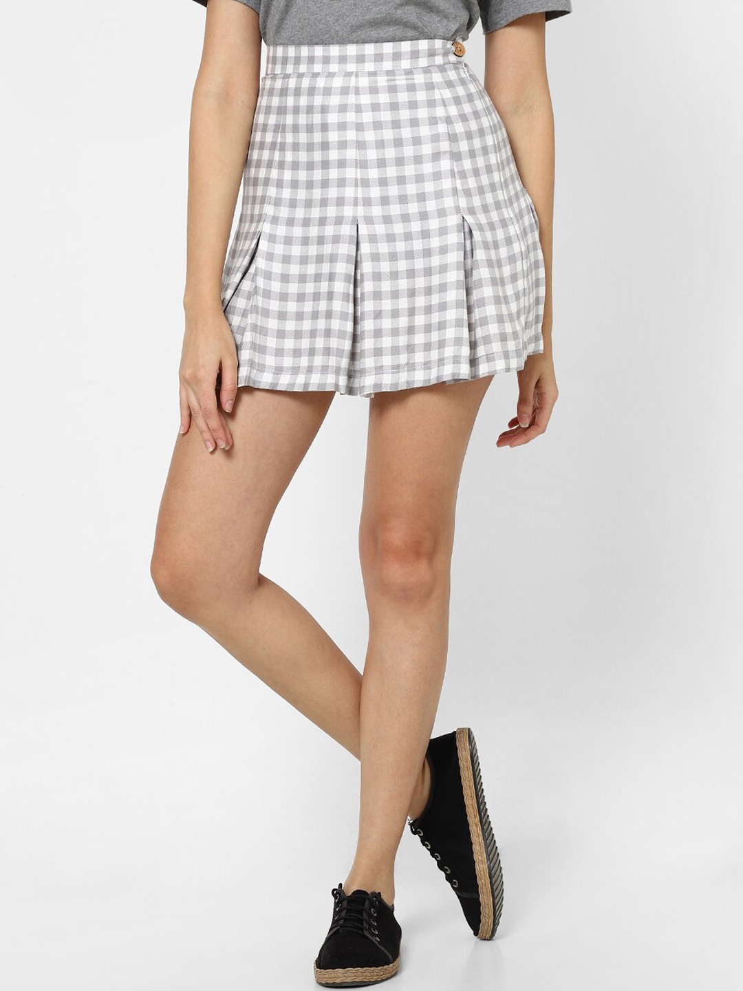 

VASTRADO Checked Pure Cotton Pleated Flared Mini Skirt, White