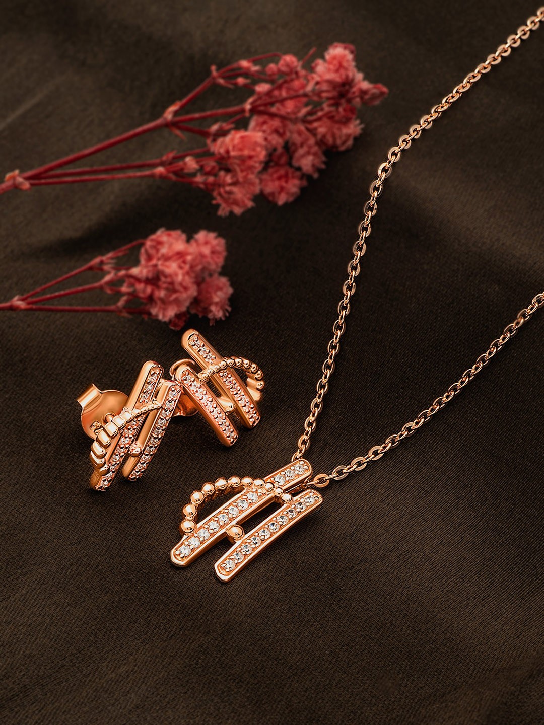 

SILBERRY 925 Sterling Silver Rose Gold Plated Cubic Zirconia Studded Pendant And Earrings