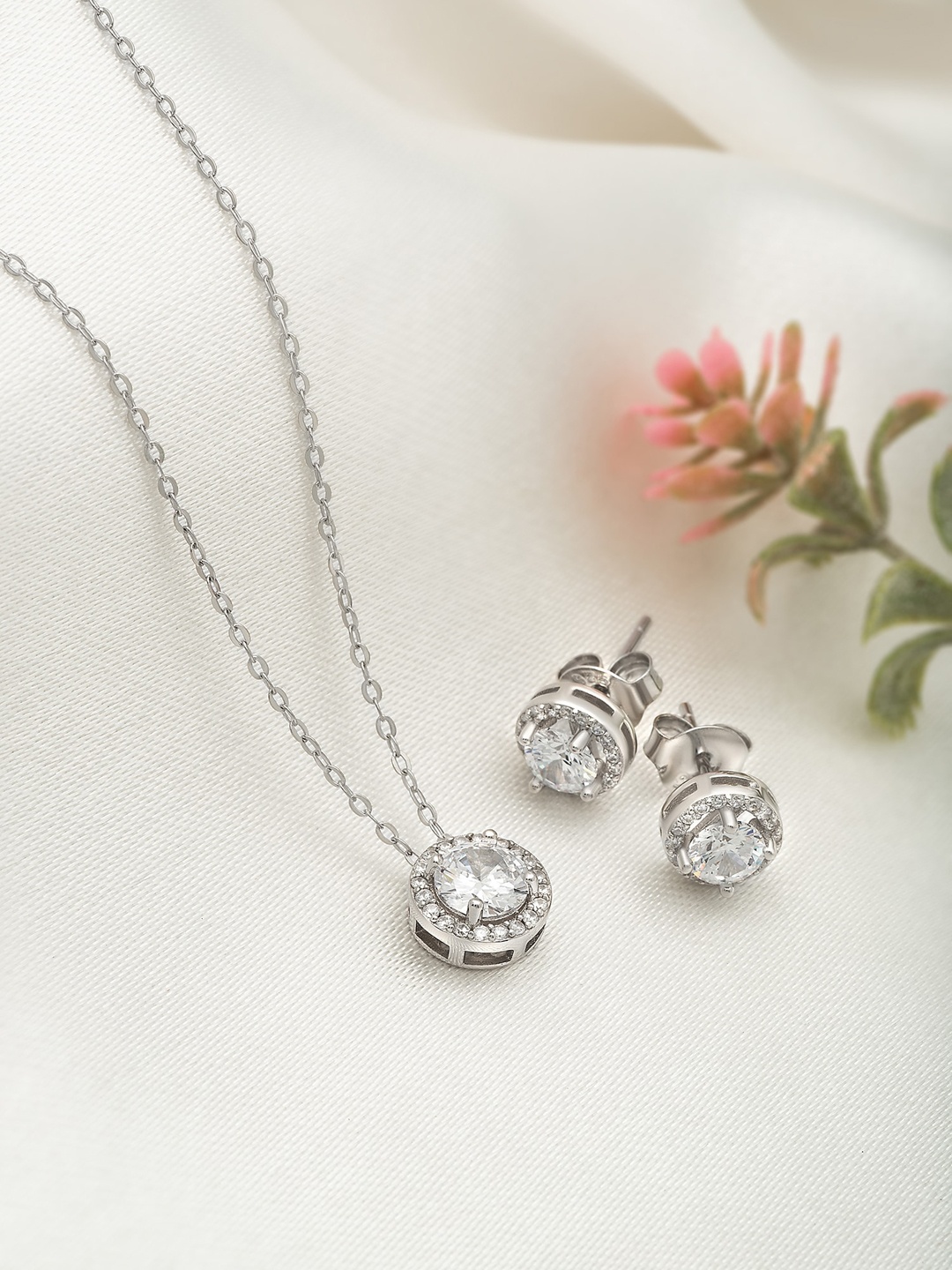 

SILBERRY 925 Sterling Silver Rhodium-Plated Cubic Zirconia Studded Necklace And Earrings