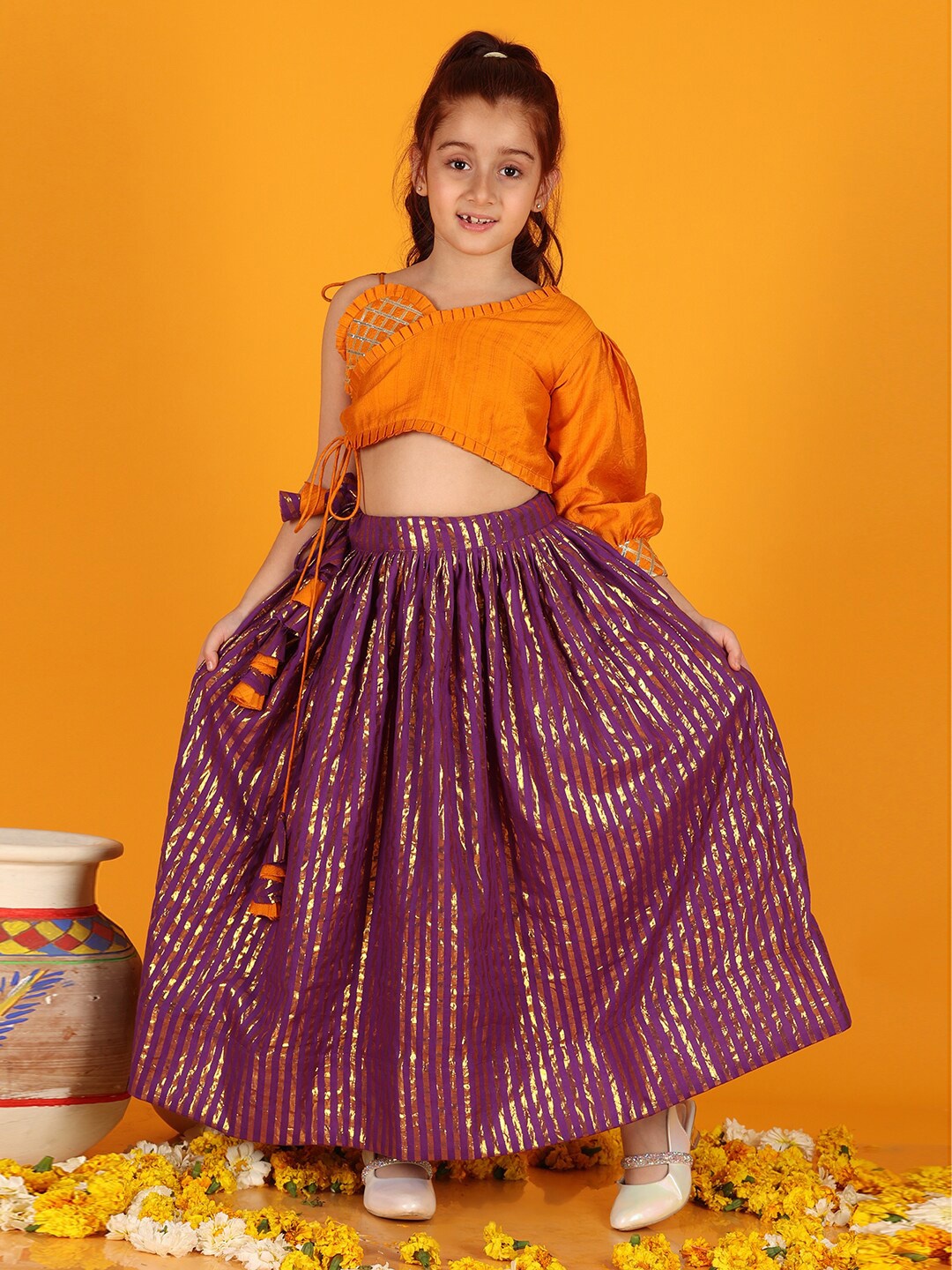 

Jilmil Girls One Shoulder Ready to Wear Lehenga & Blouse With Dupatta, Purple