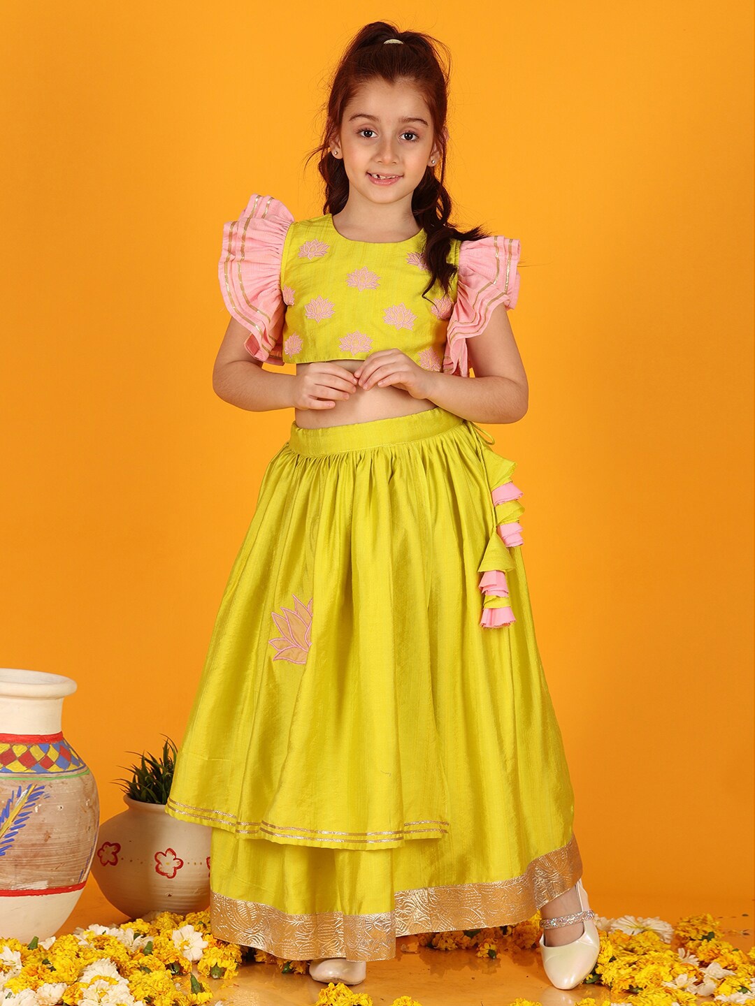 

Jilmil Girls Embroidered Thread Work Ready to Wear Lehenga Choli, Yellow