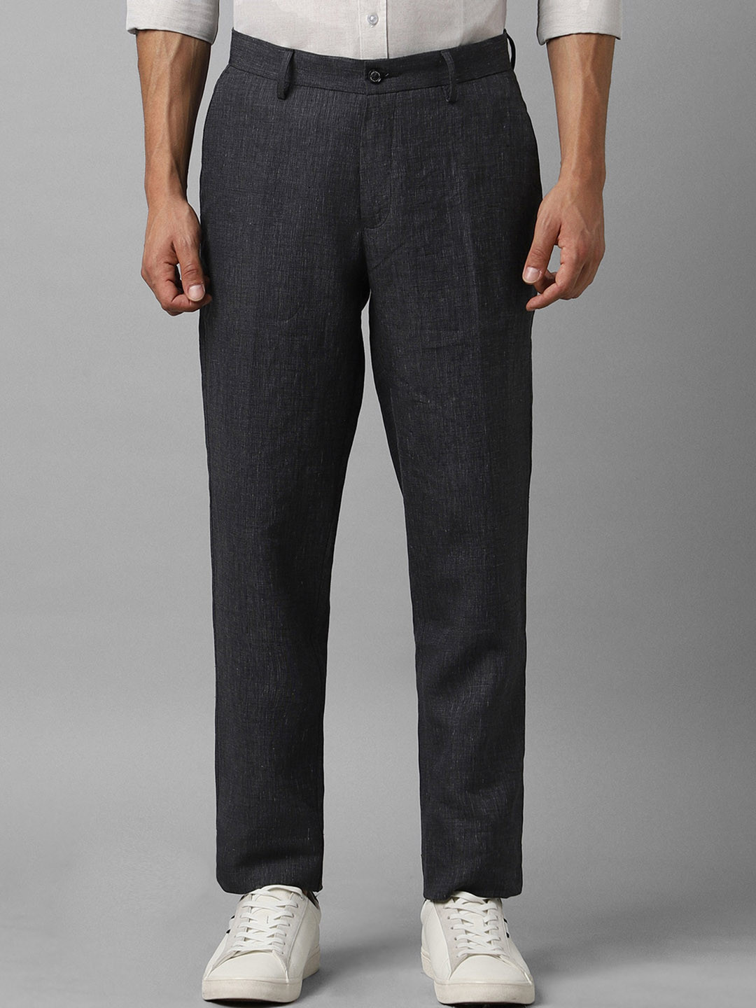 

Louis Philippe Men Textured Slim Fit Pure Linen Formal Trousers, Grey