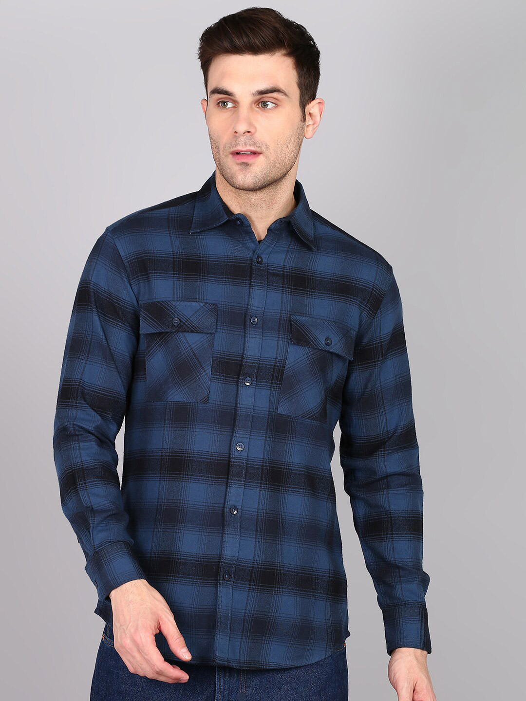 

The Roadster Lifestyle Co. Checked Spread Collar Long Sleeves Pure Cotton Shirt, Navy blue