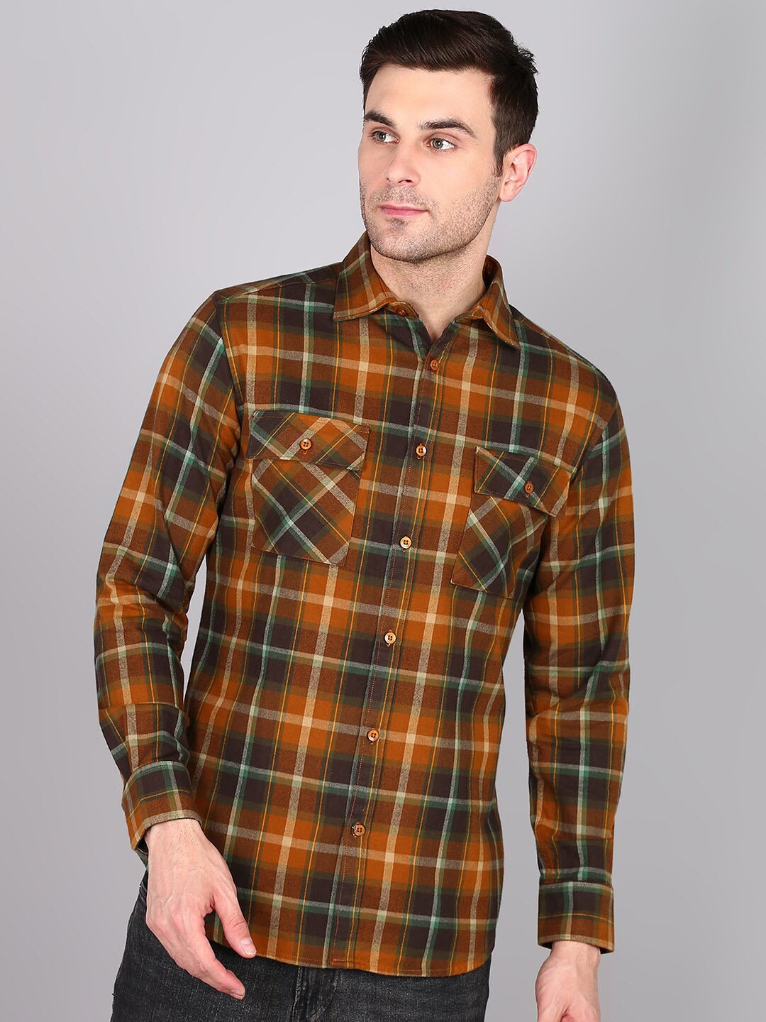 

The Roadster Lifestyle Co. Checked Spread Collar Long Sleeves Pure Cotton Shirt, Mustard