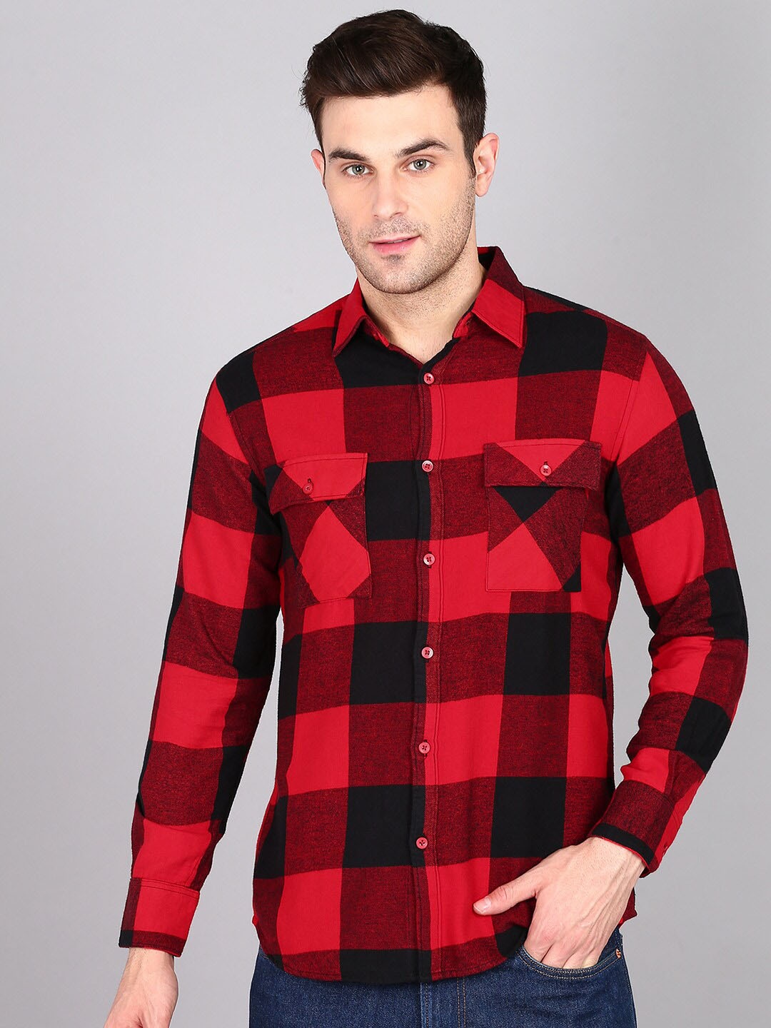 

The Roadster Lifestyle Co. Buffalo Checked Spread Collar Long Sleeves Pure Cotton Shirt, Red