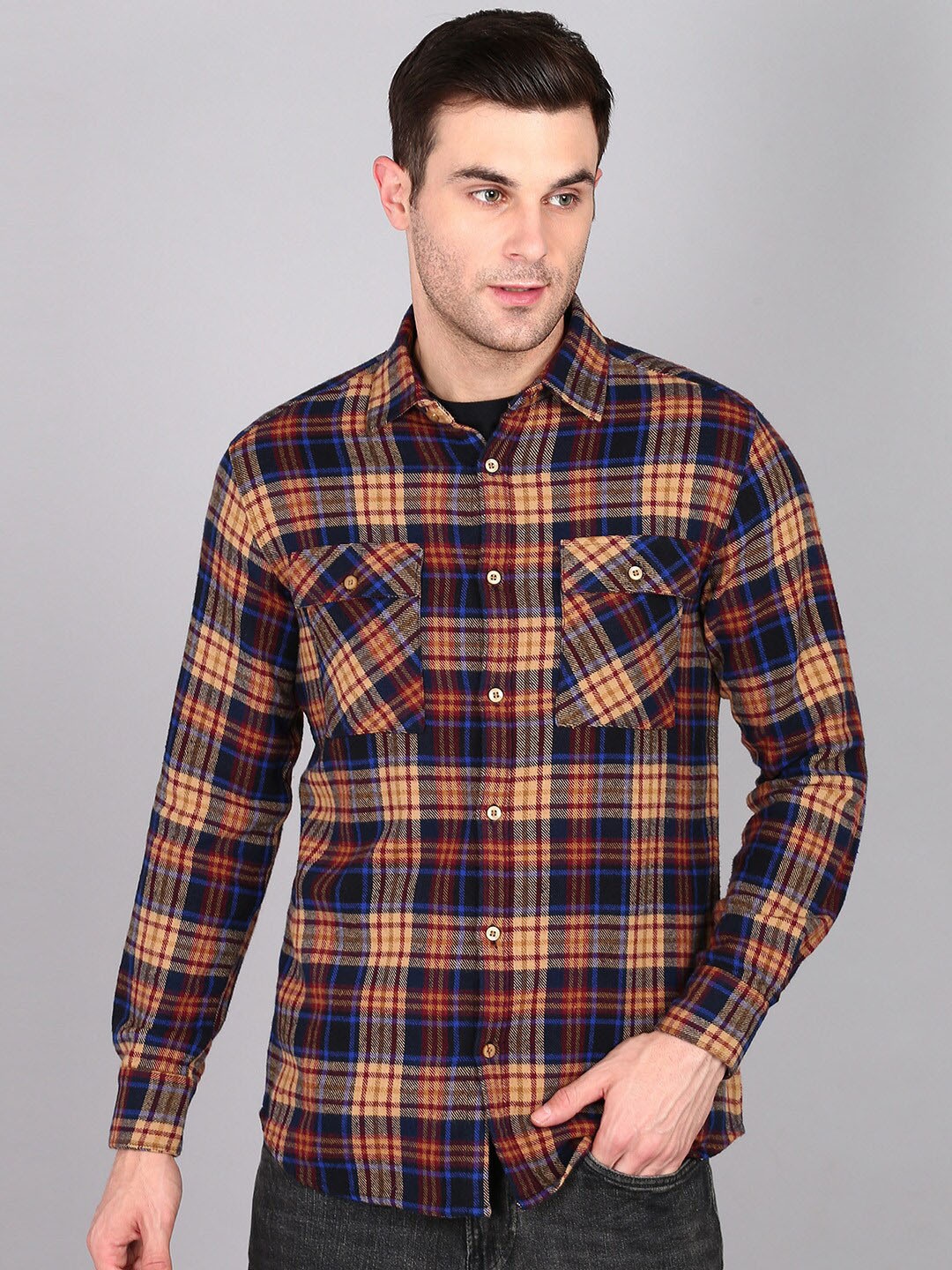 

The Roadster Lifestyle Co. Tartan Checked Spread Collar Long Sleeves Pure Cotton Shirt, Blue