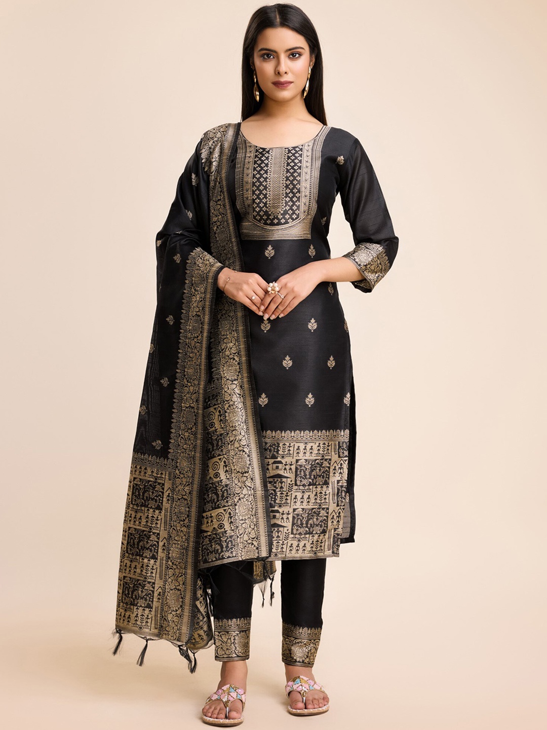 

ZARIMO Ethnic Motifs Woven Design Raw Silk Straight Kurta & Trousers With Dupatta, Black