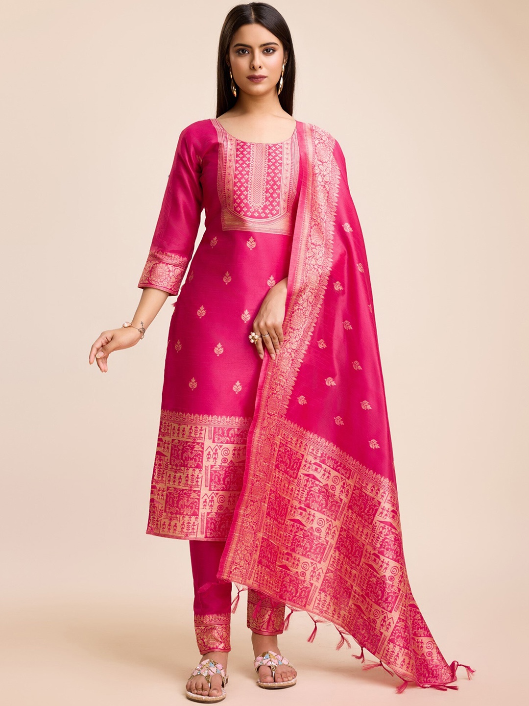 

ZARIMO Ethnic Motifs Woven Design Raw Silk Straight Kurta & Trousers With Dupatta, Pink