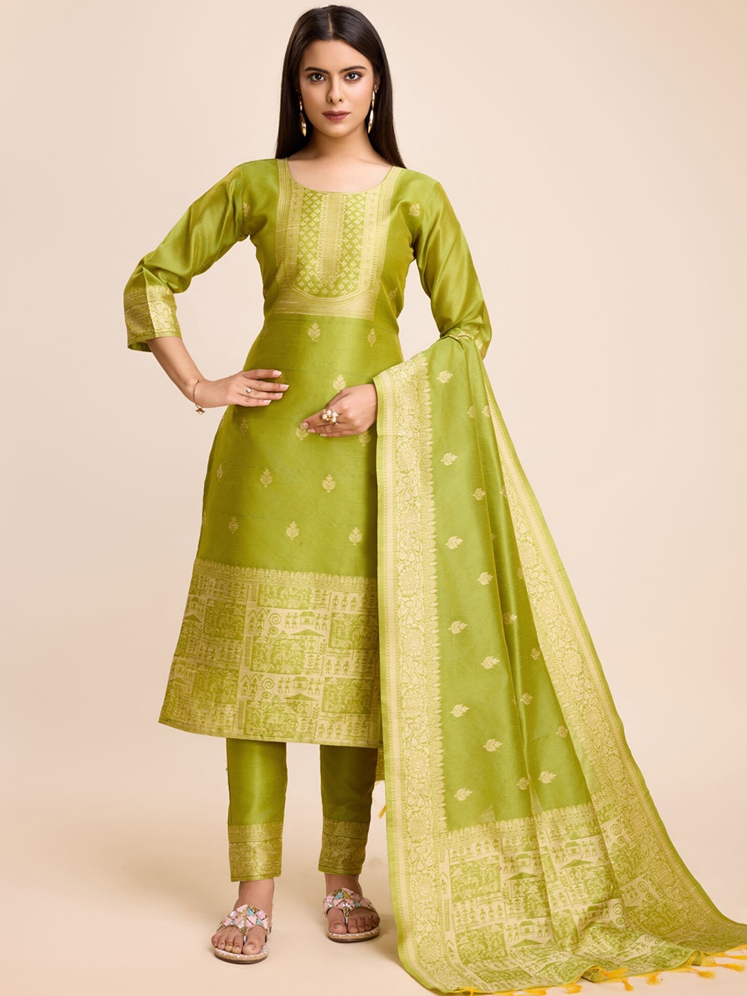 

ZARIMO Ethnic Motifs Woven Design Raw Silk Straight Kurta & Trousers With Dupatta, Lime green