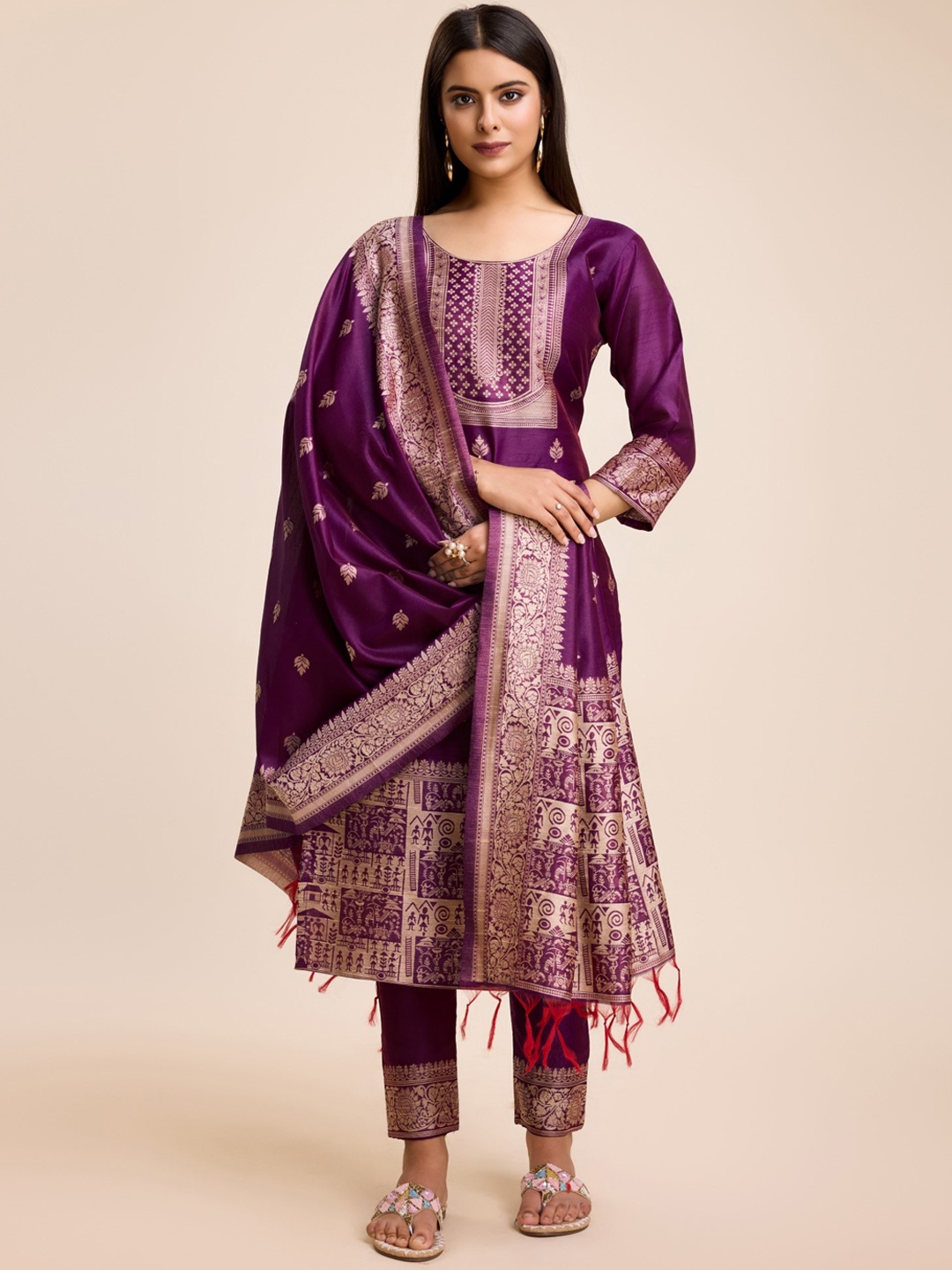 

ZARIMO Ethnic Motifs Woven Design Raw Silk Straight Kurta & Trousers With Dupatta, Burgundy