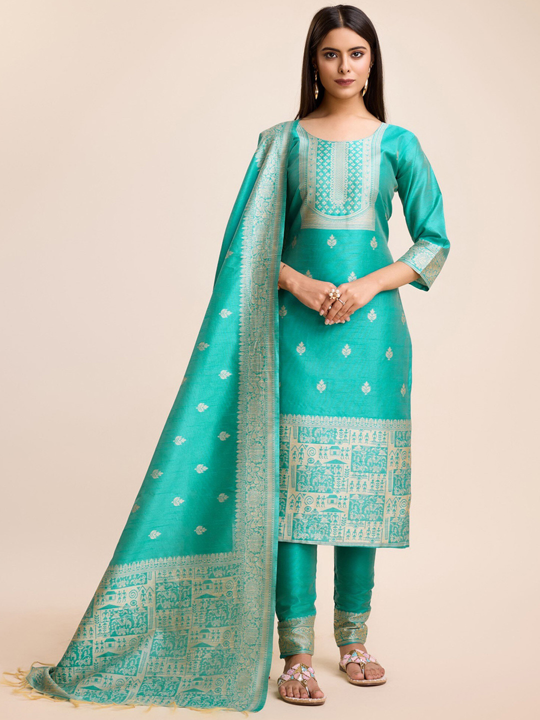 

ZARIMO Ethnic Motifs Woven Design Raw Silk Straight Kurta & Trousers With Dupatta, Sea green