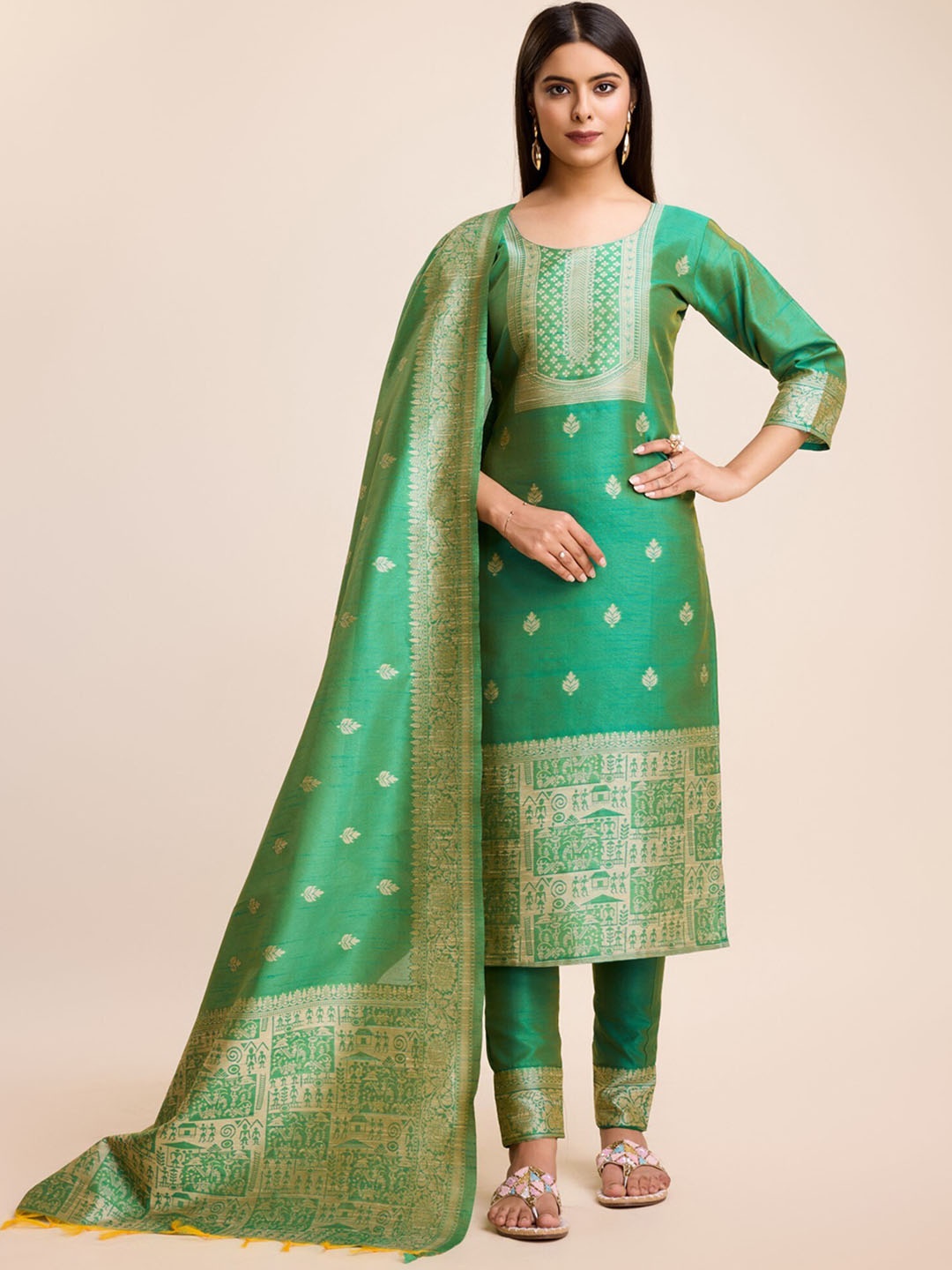 

ZARIMO Ethnic Motifs Woven Design Raw Silk Straight Kurta & Trousers With Dupatta, Green