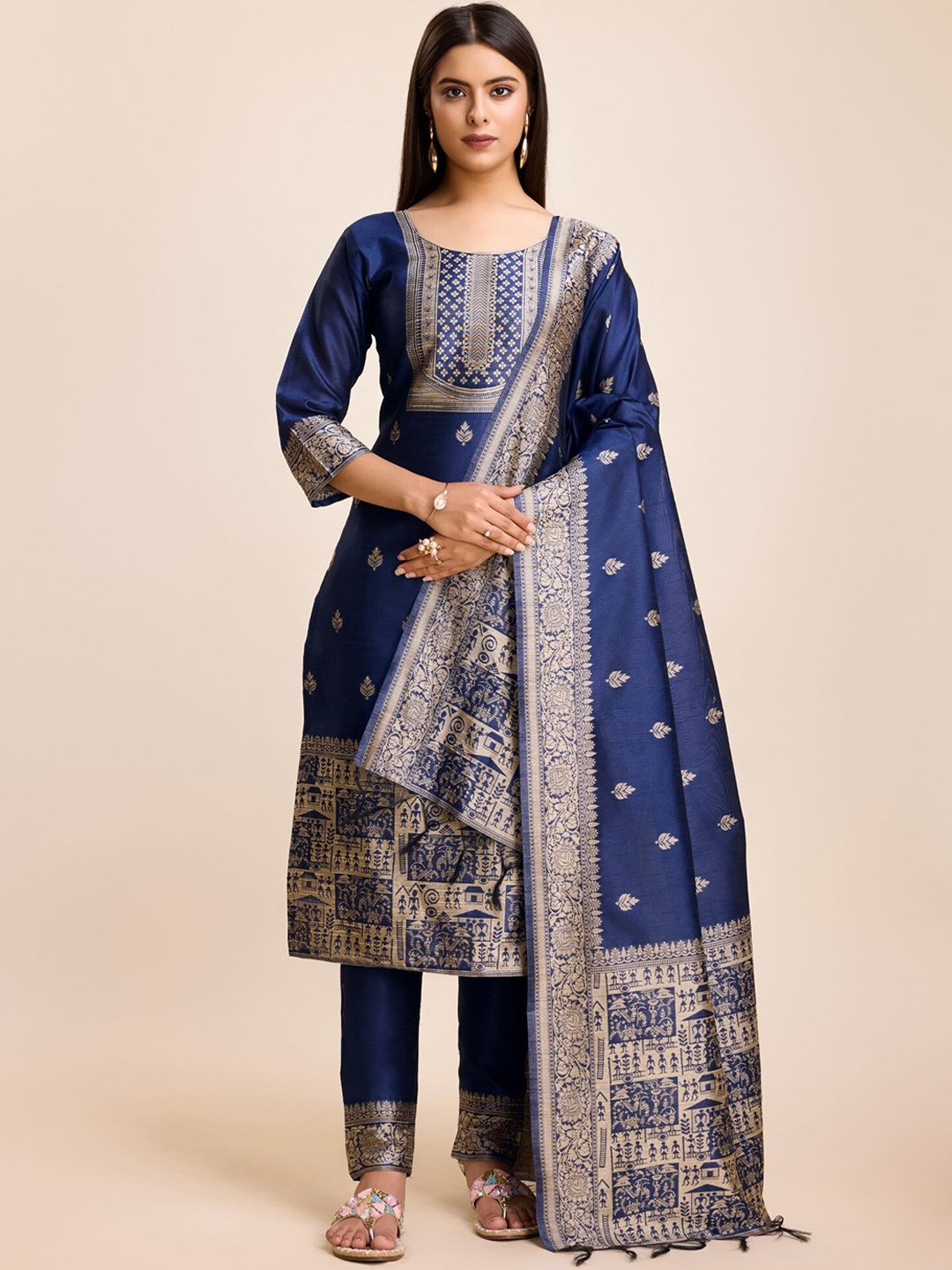 

ZARIMO Ethnic Motifs Woven Design Raw Silk Straight Kurta & Trousers With Dupatta, Navy blue