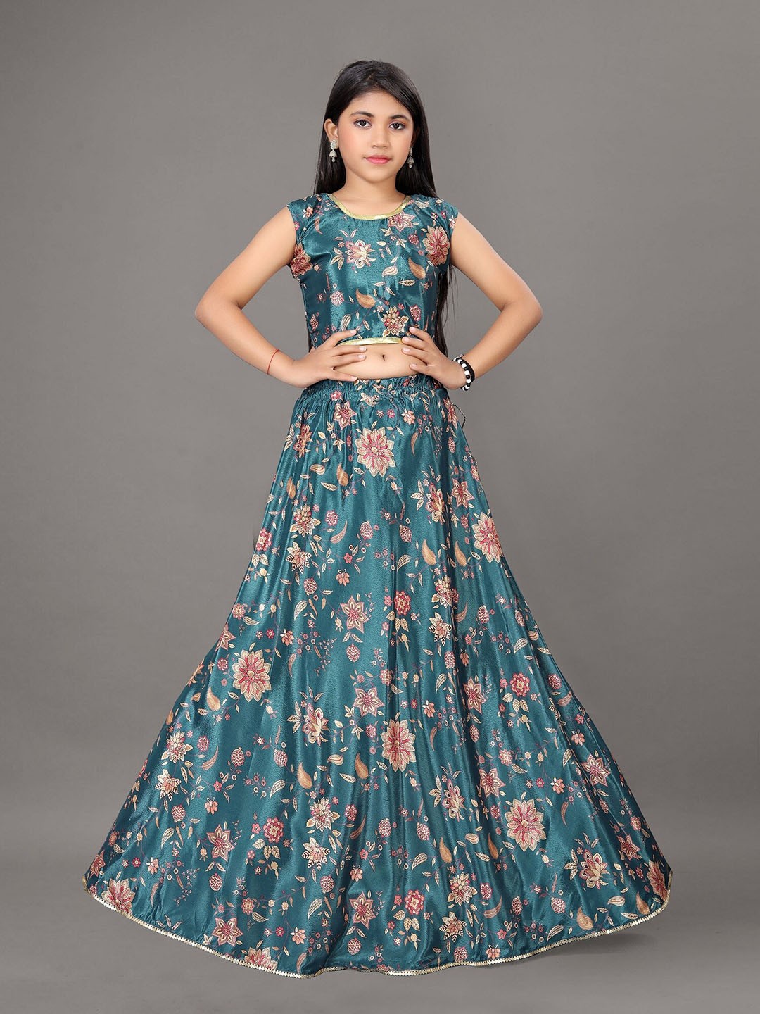 

BAESD Girls Printed Ready to Wear Lehenga & Choli, Green