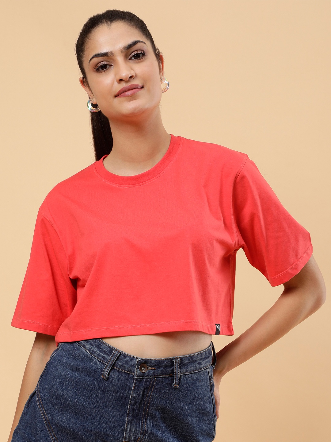 

PockMAN Cotton Knitted Round Neck Boxy Crop Top, Red