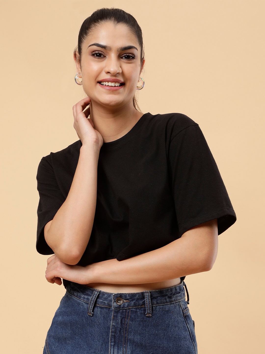 

PockMAN Oversized Cotton Boxy Crop Top, Black