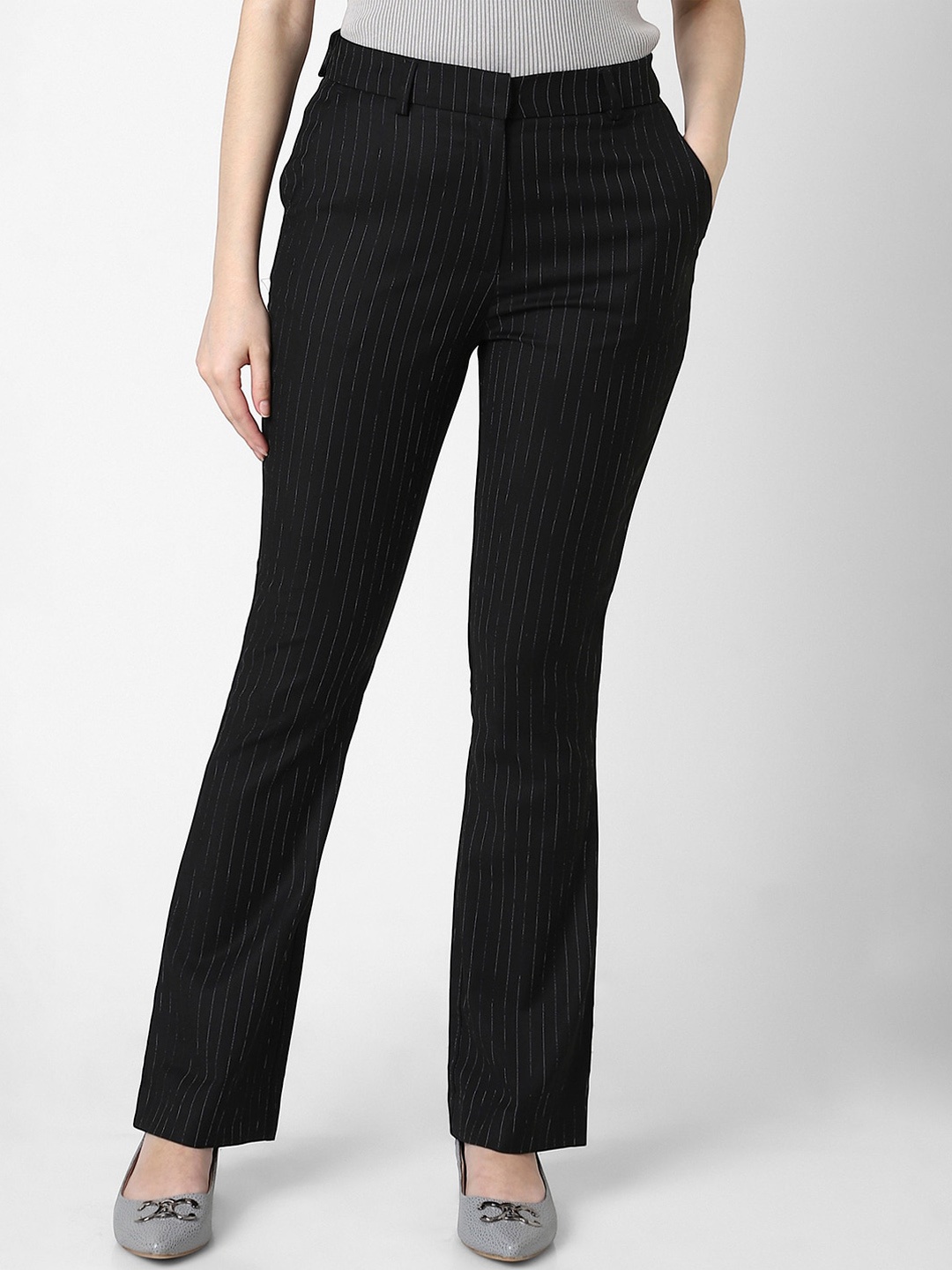 

Van Heusen Woman Striped Bootcut Trousers, Black