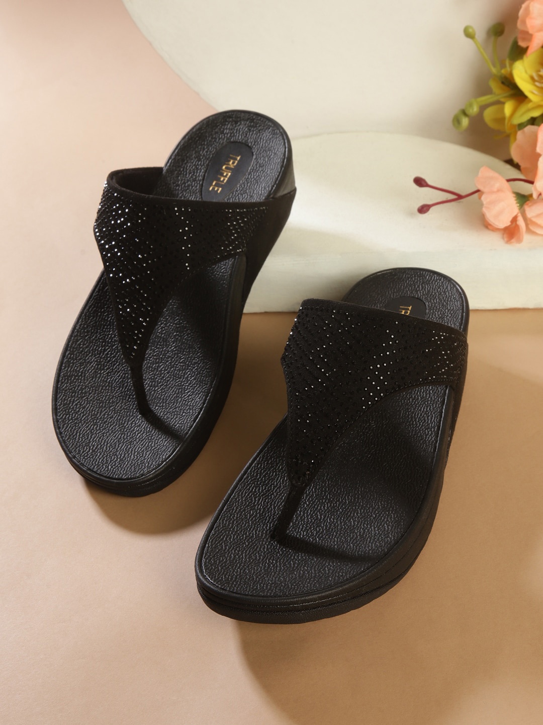 

Truffle Collection Embellished Suede Open Toe Flats, Black