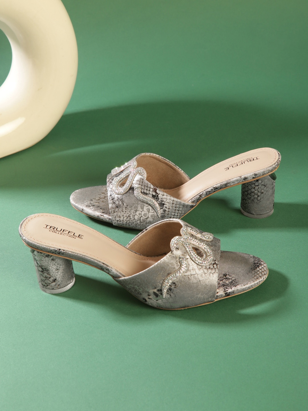 

Truffle Collection Textured Embellished Open Toe Block Heels, Grey