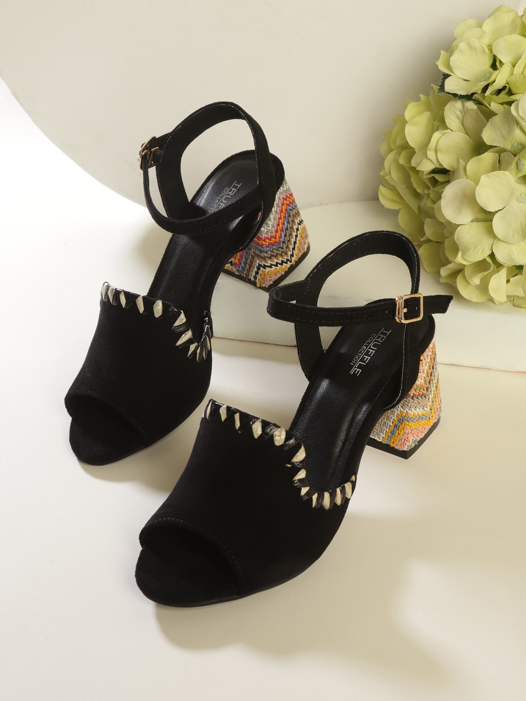 

Truffle Collection Textured Suede Open Toe Backstrap Block Heels, Black
