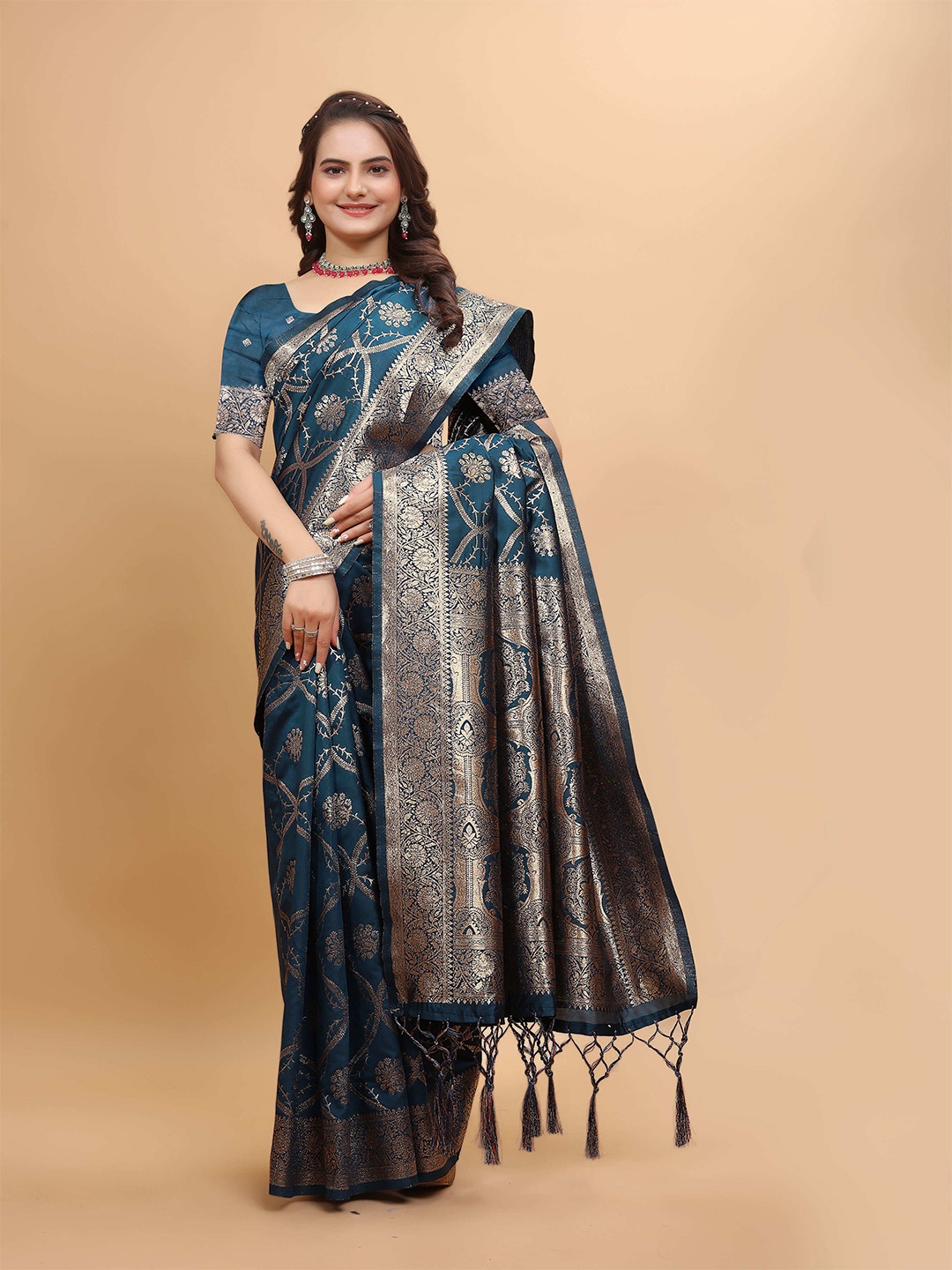 

DRIZOMIZ Ethnic Motifs Woven Design Zari Pure Silk Kanjeevaram Saree, Blue